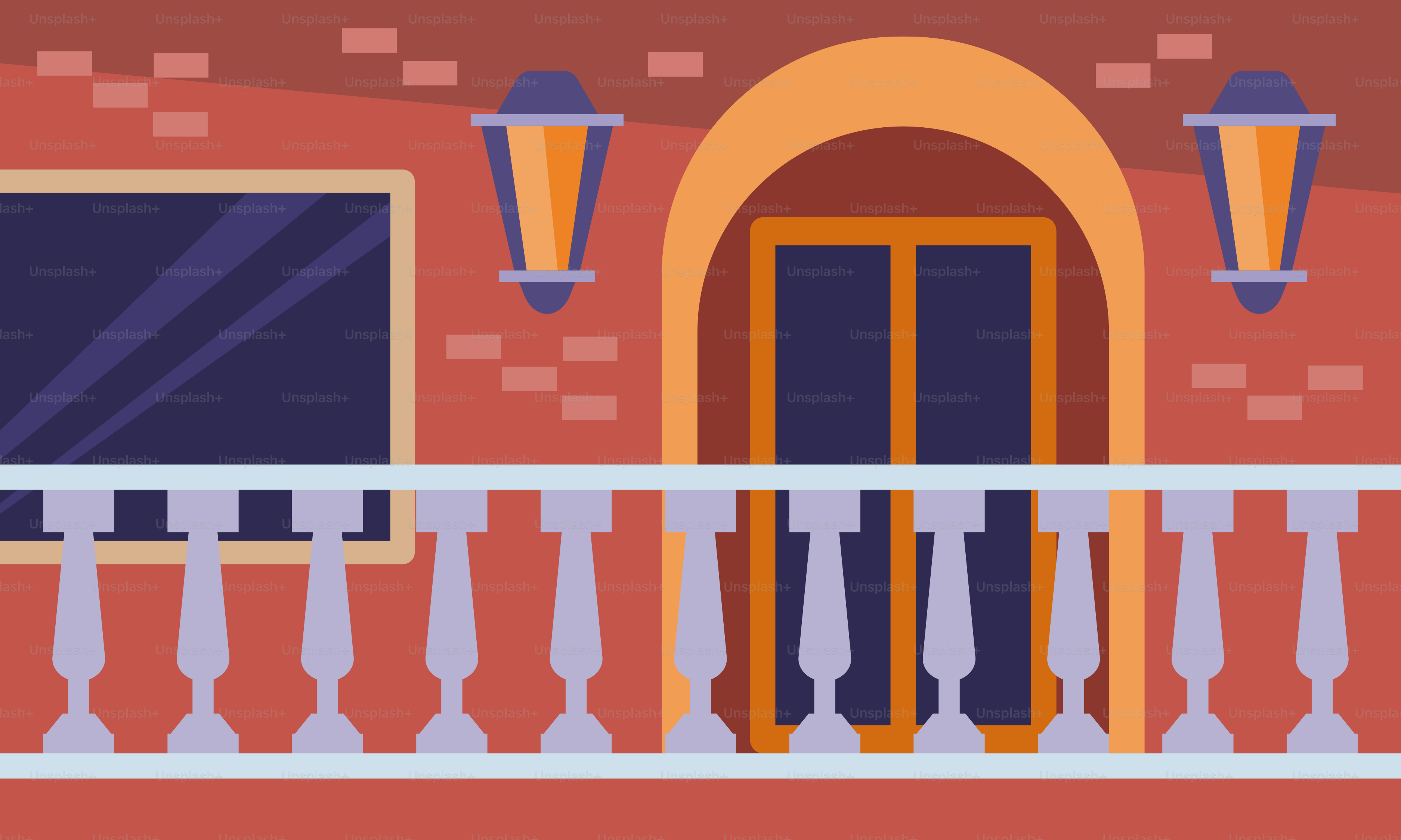 Ein Gebäude mit Balkon und zwei Lampen darauf