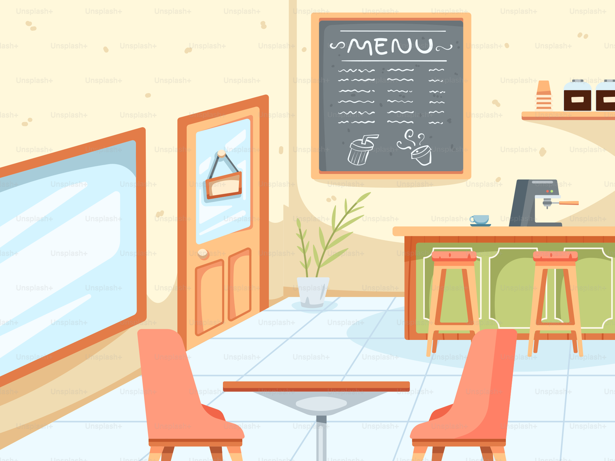 A room with a table, chairs and a chalkboard on the wall