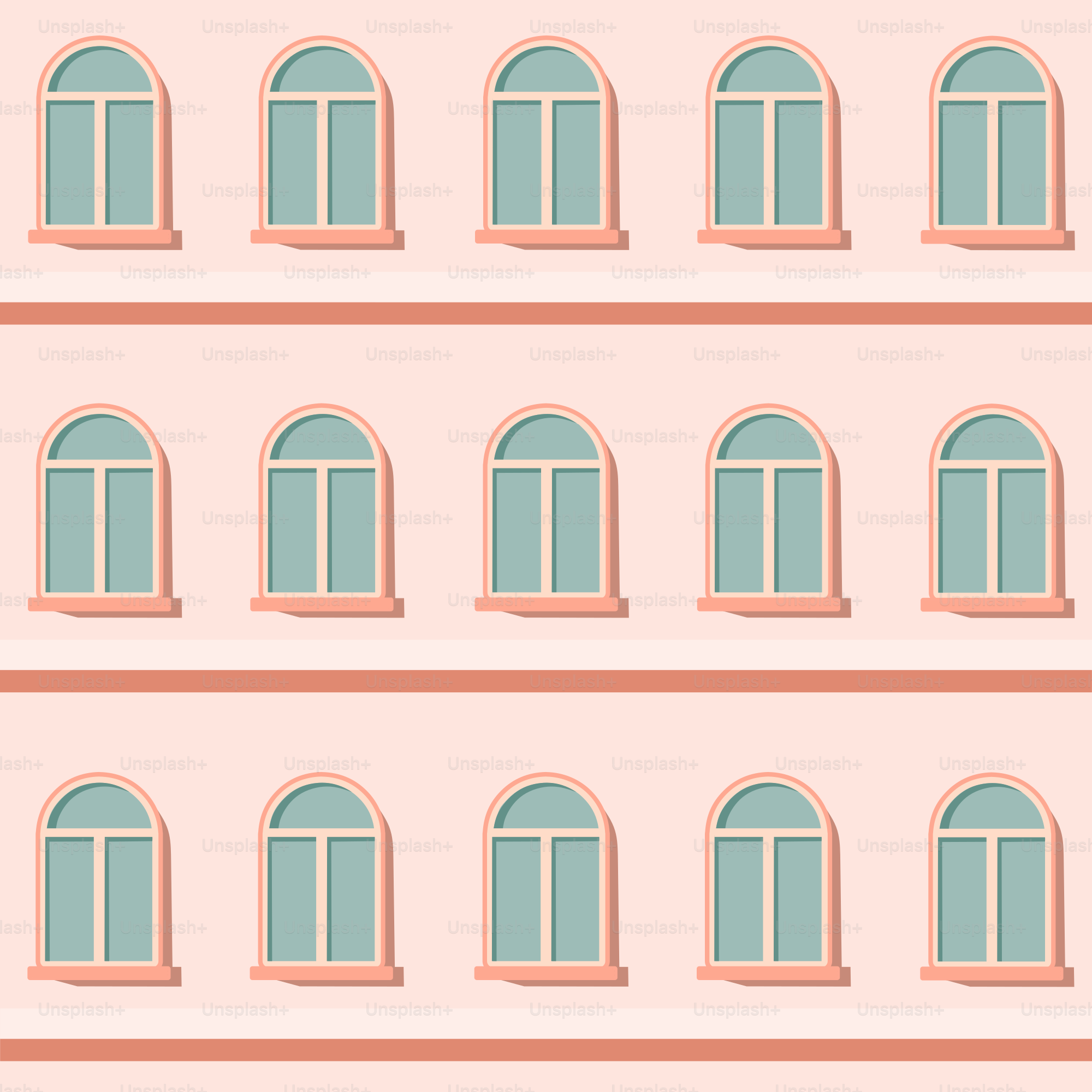 A pink wall with a row of windows