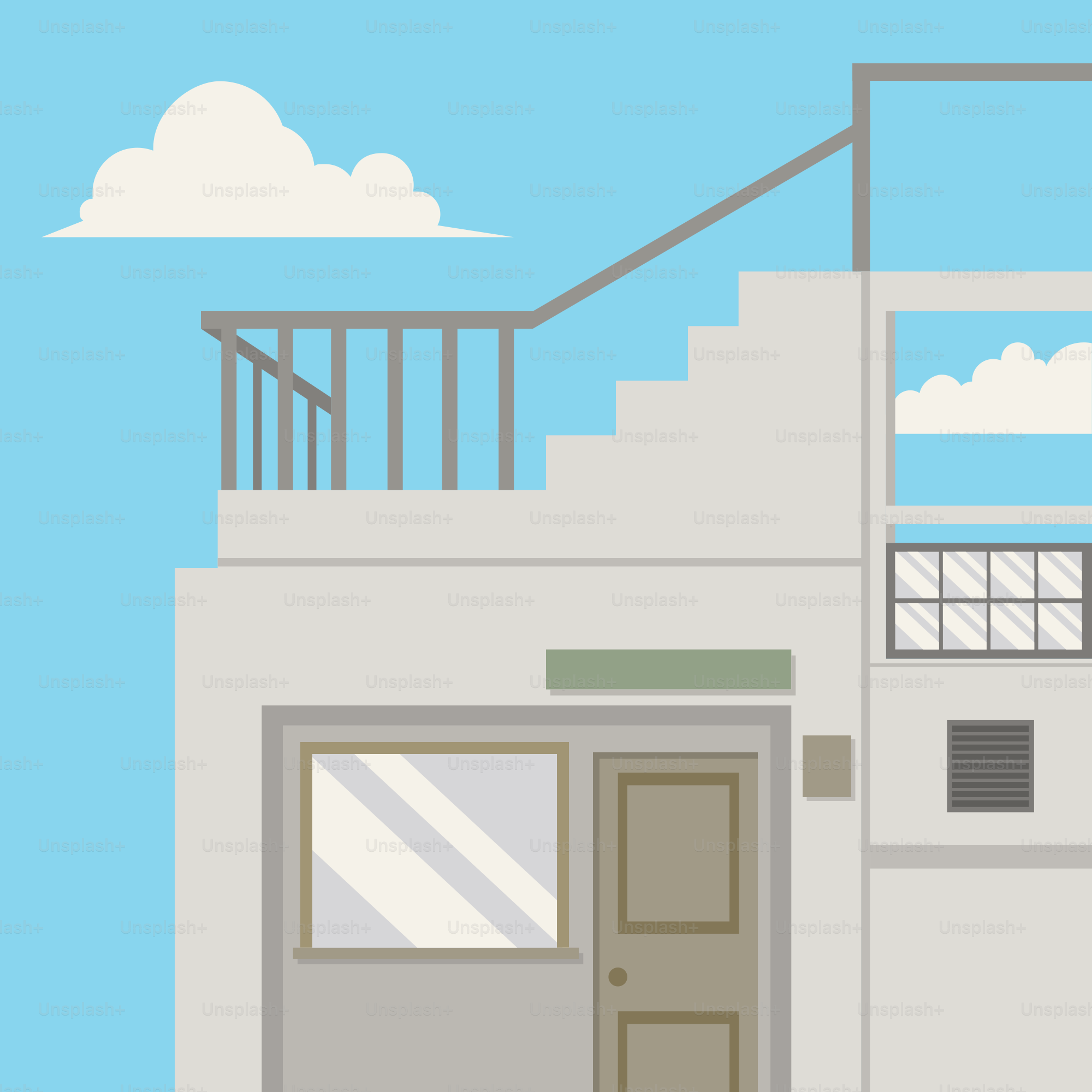 A drawing of a building with stairs and a door