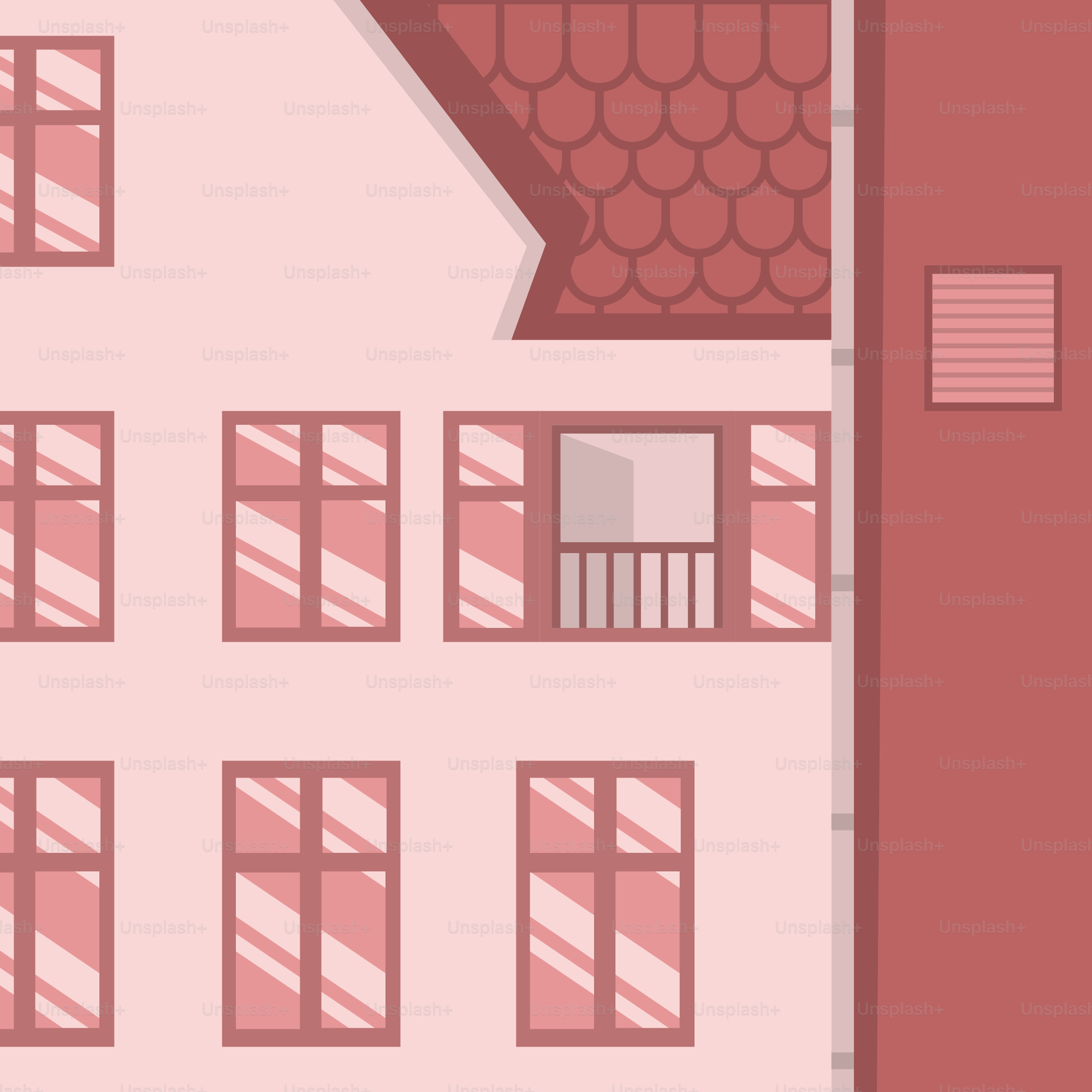 Un edificio rosa con tetto rosso e finestre