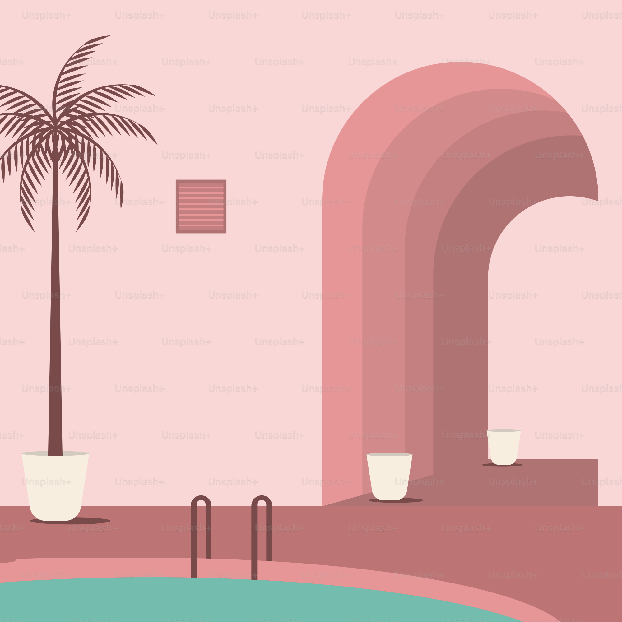 Una stanza rosa con piscina e una palma