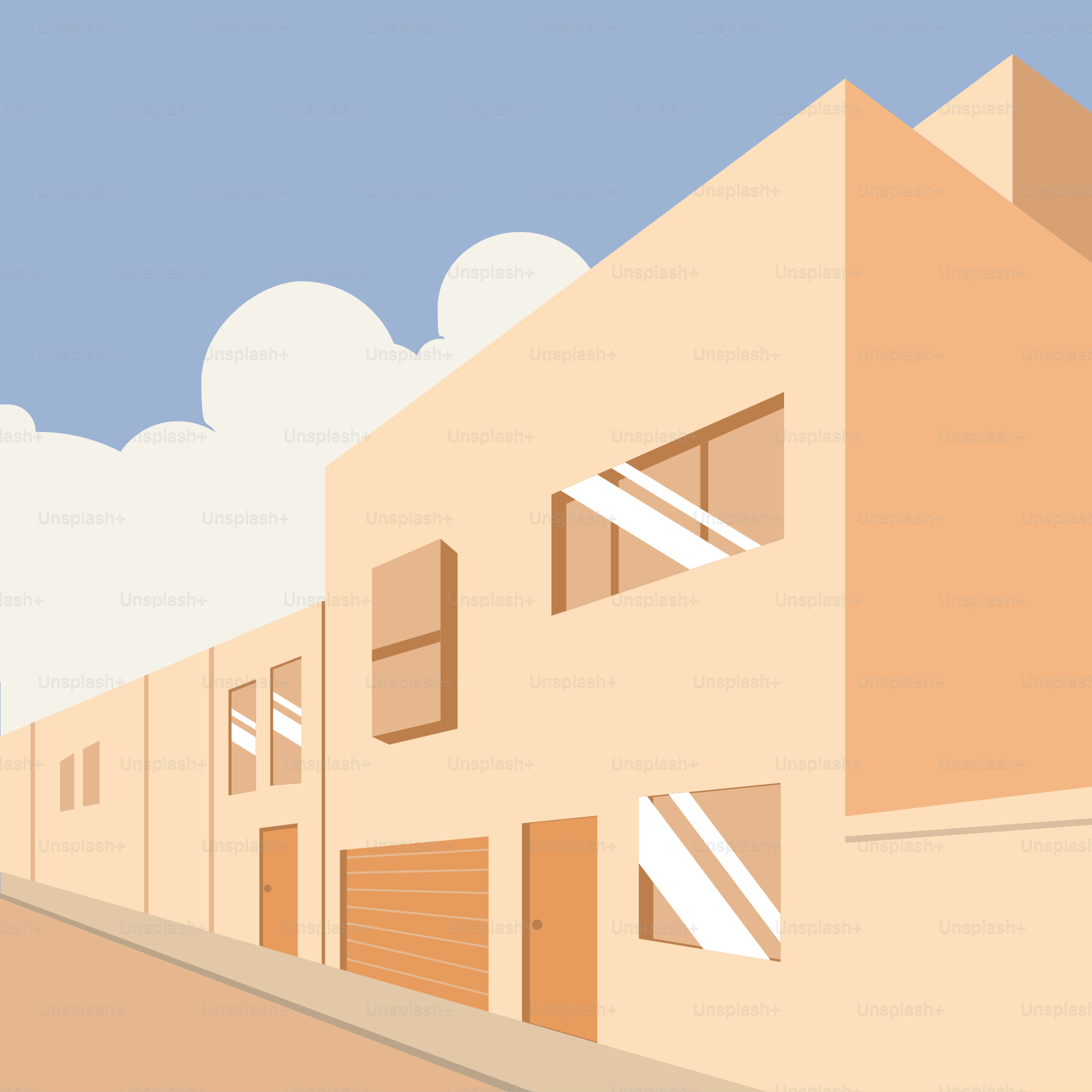 Un disegno di una fila di edifici su una strada