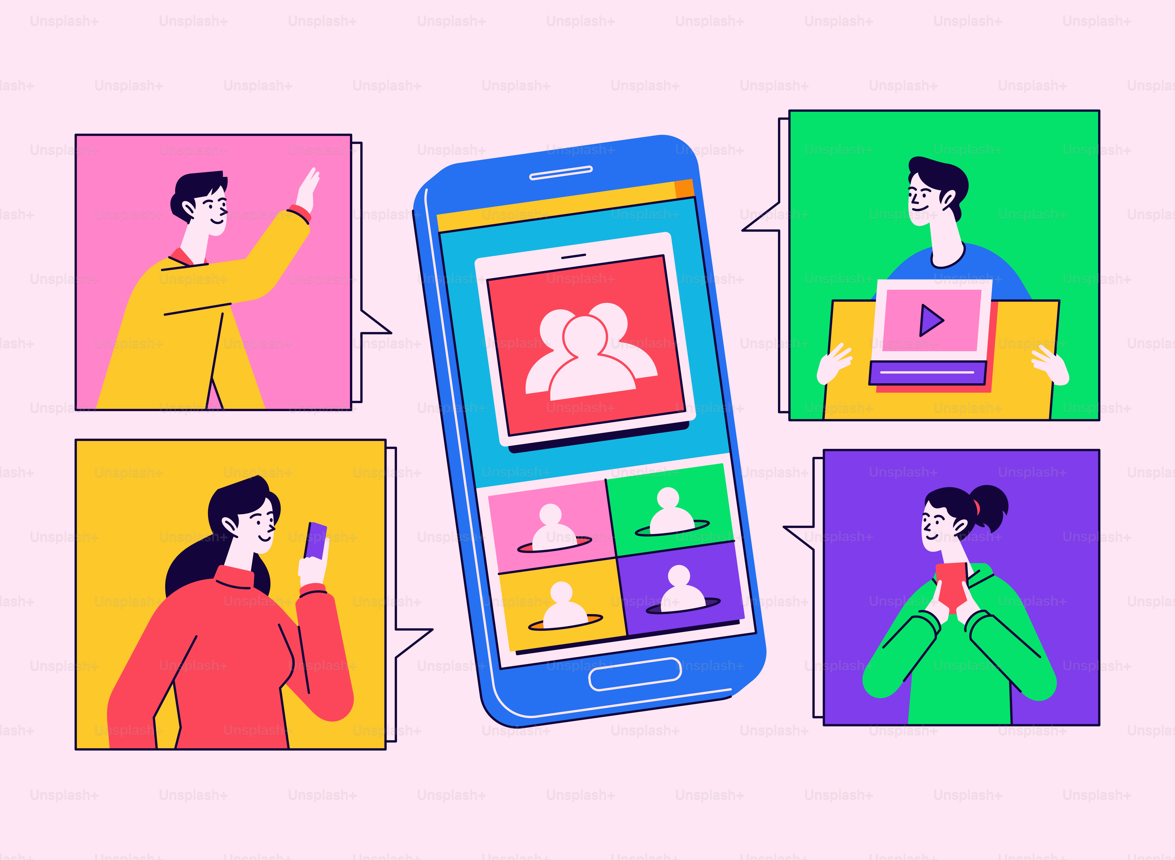 A cartoon of a woman holding a cell phone