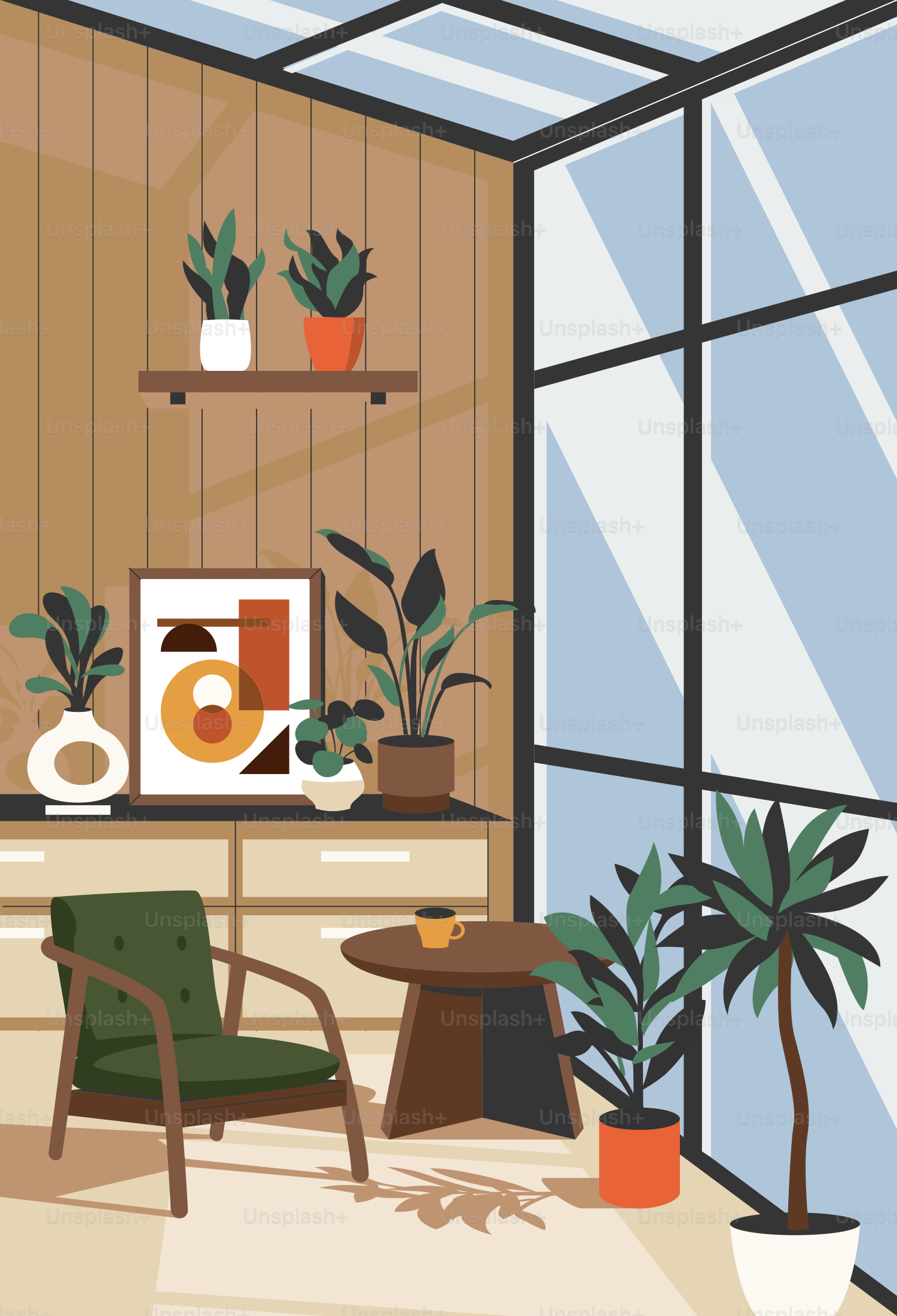 A room with a desk, chair, potted plants and a picture on the