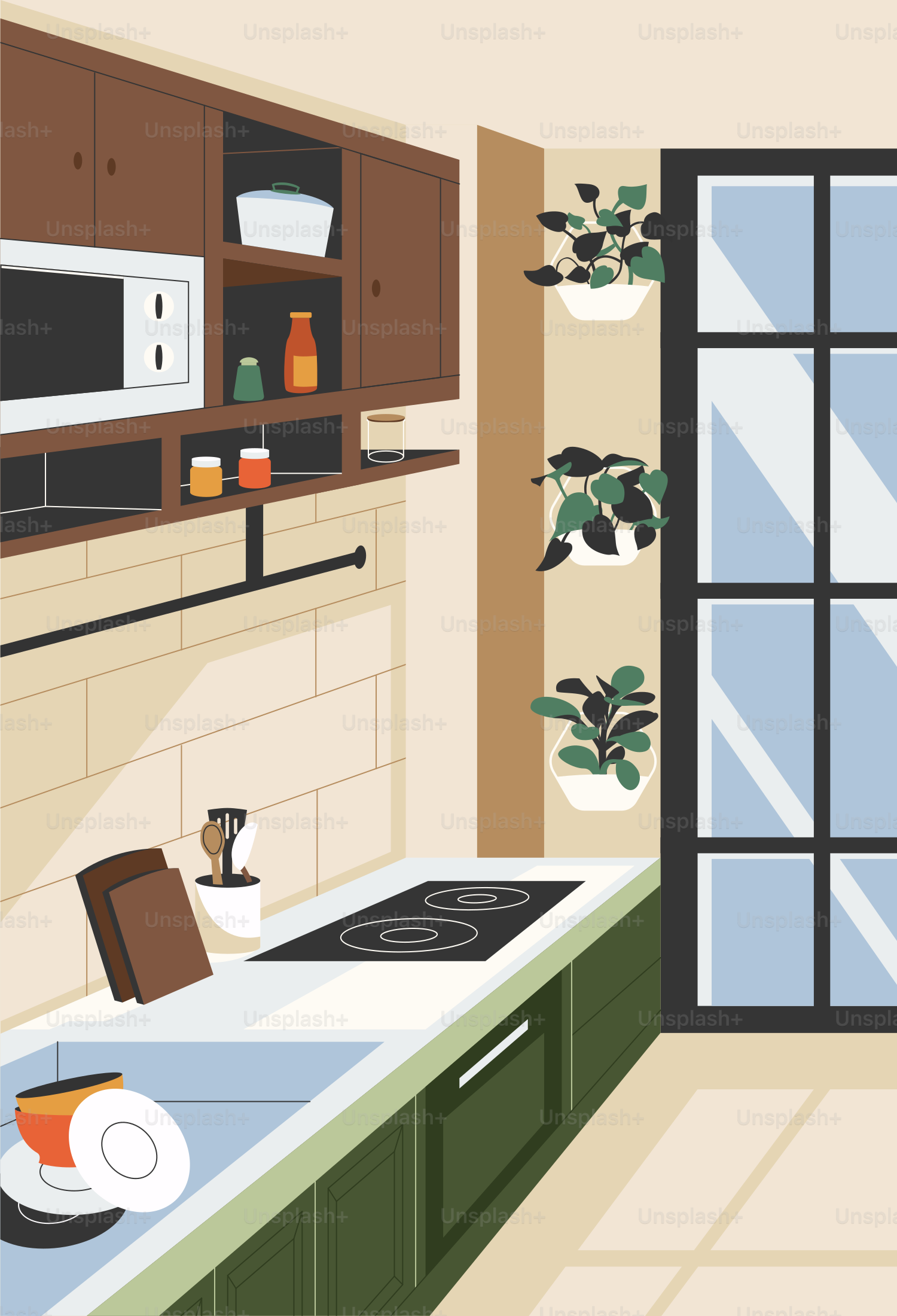 A kitchen with a stove top oven next to a window