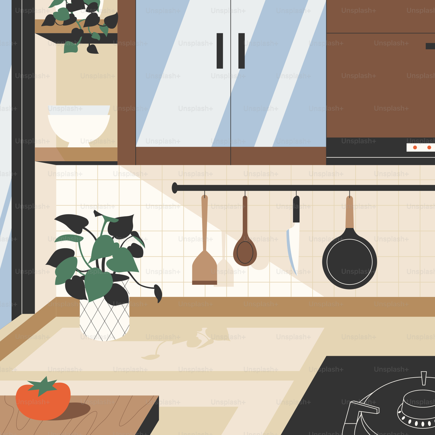 Una cucina con un forno a cucina accanto a una pianta in vaso