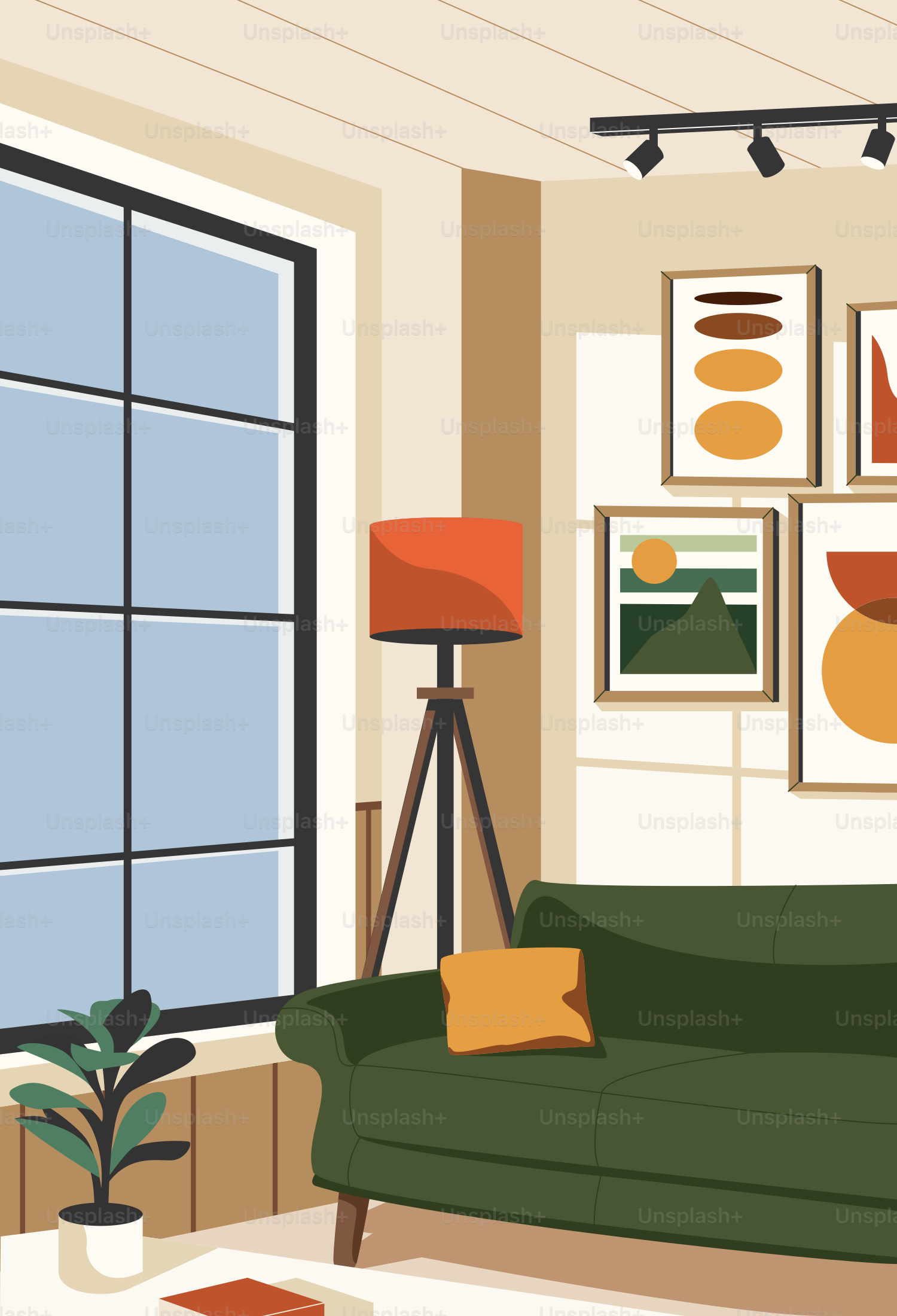 A living room with a green couch and pictures on the wall