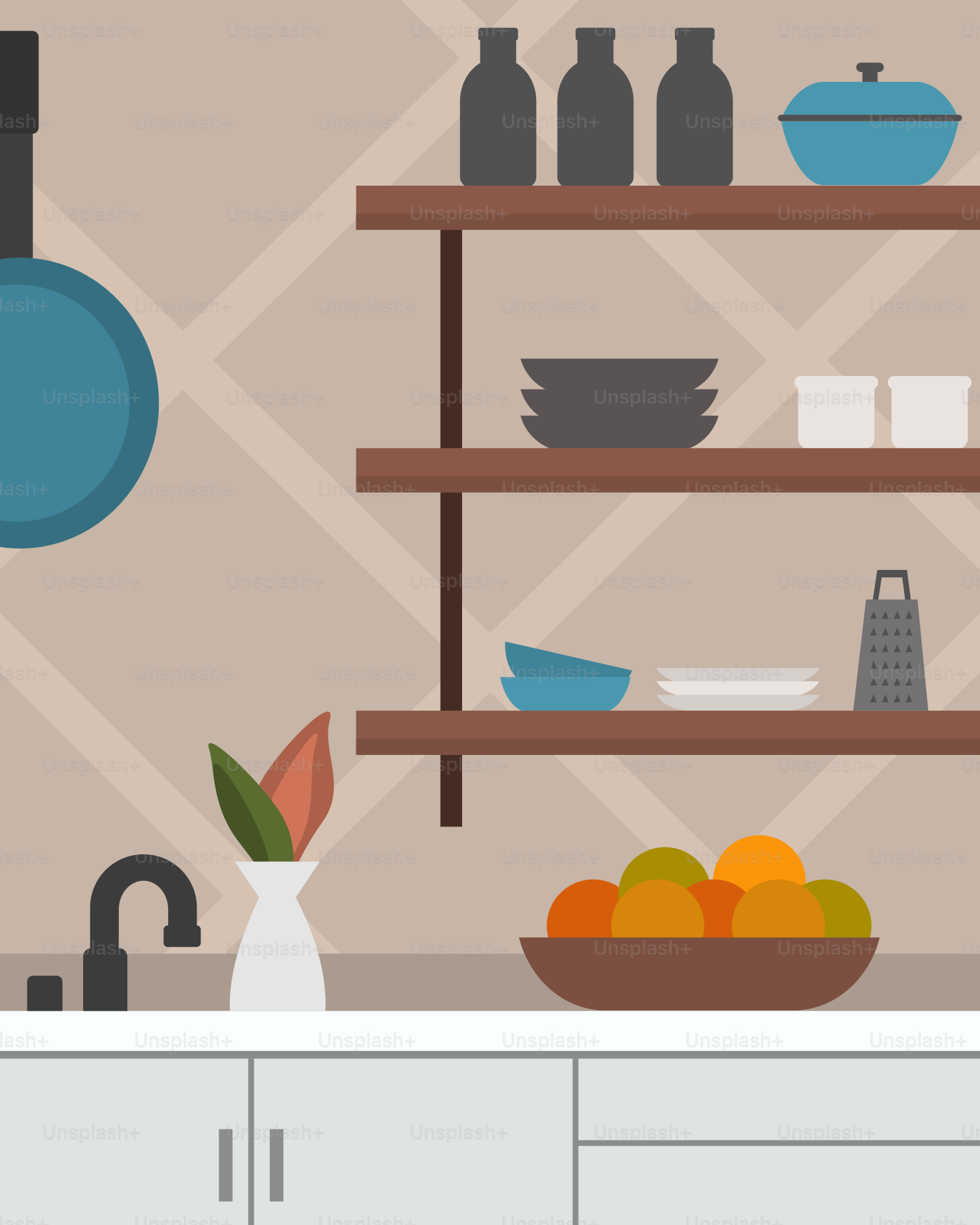 Una cocina con fregadero y estanterías llenas de platos