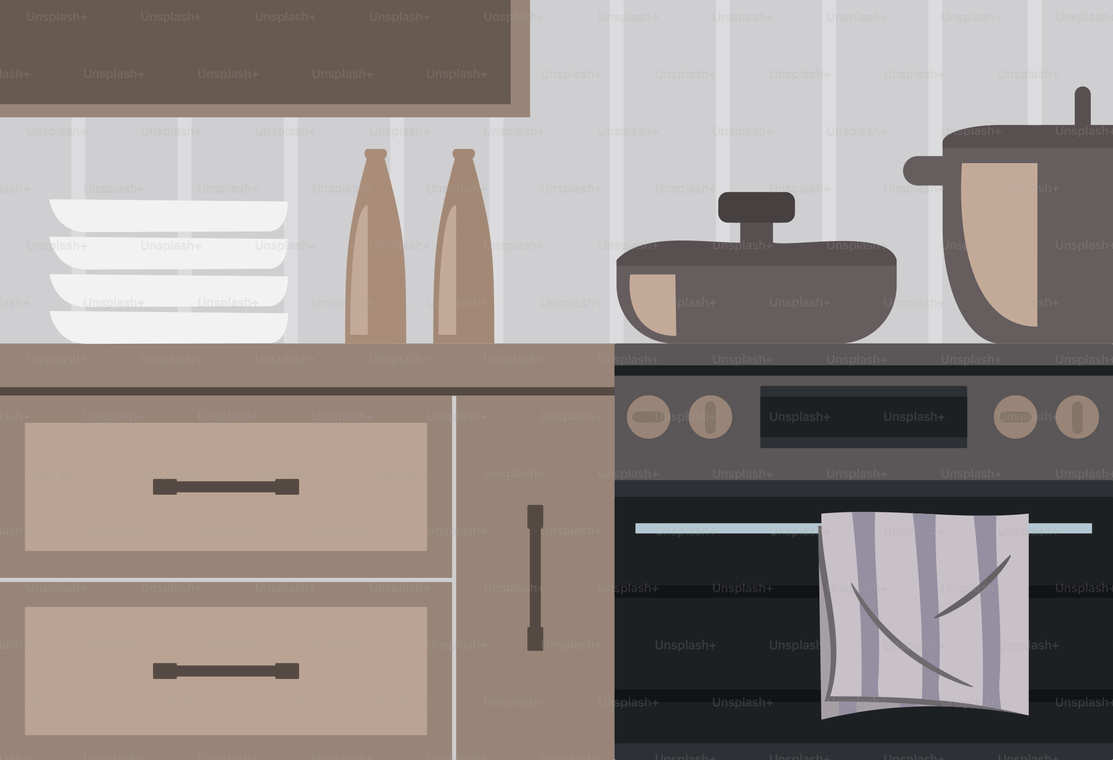 A picture of a kitchen with pots and pans on the stove