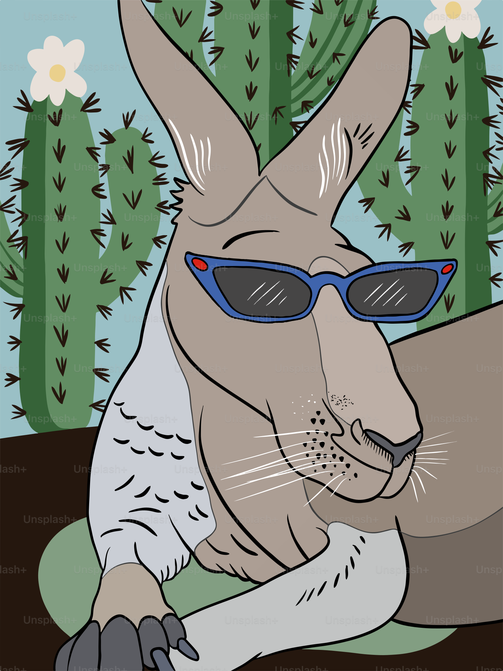 A rabbit wearing sunglasses sitting in front of a cactus