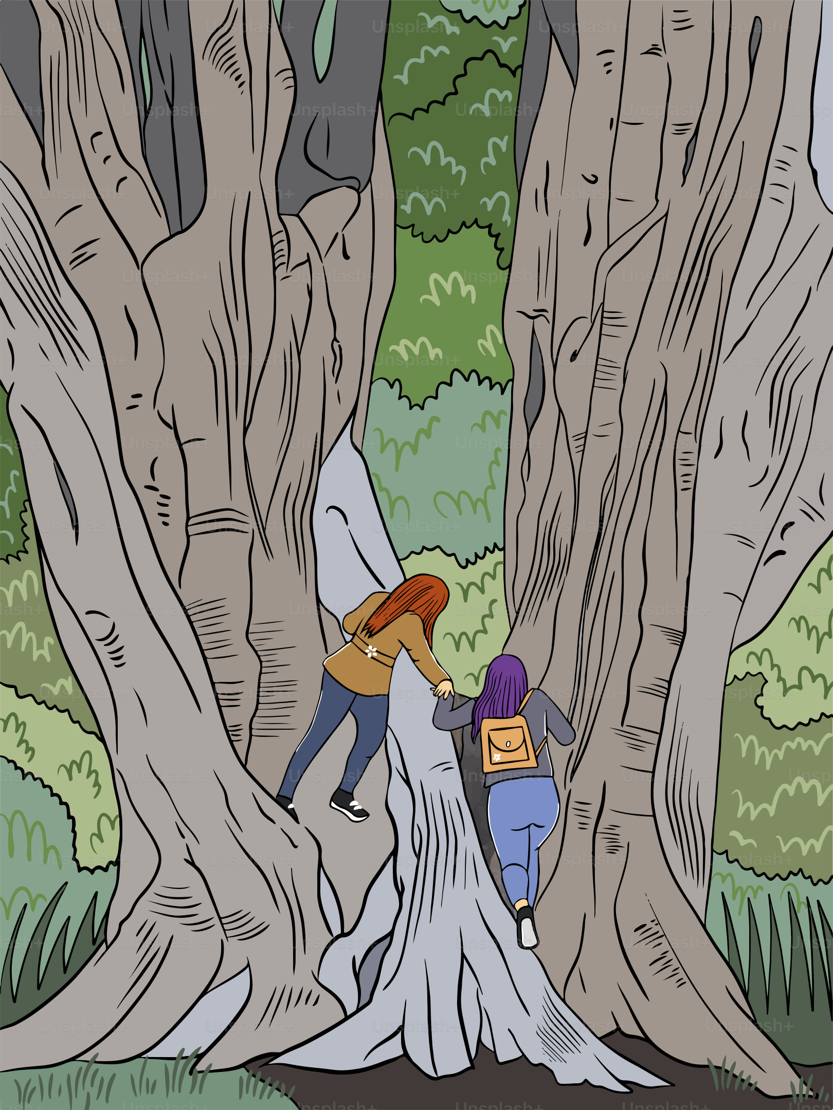 Two people climbing up a tree in a forest