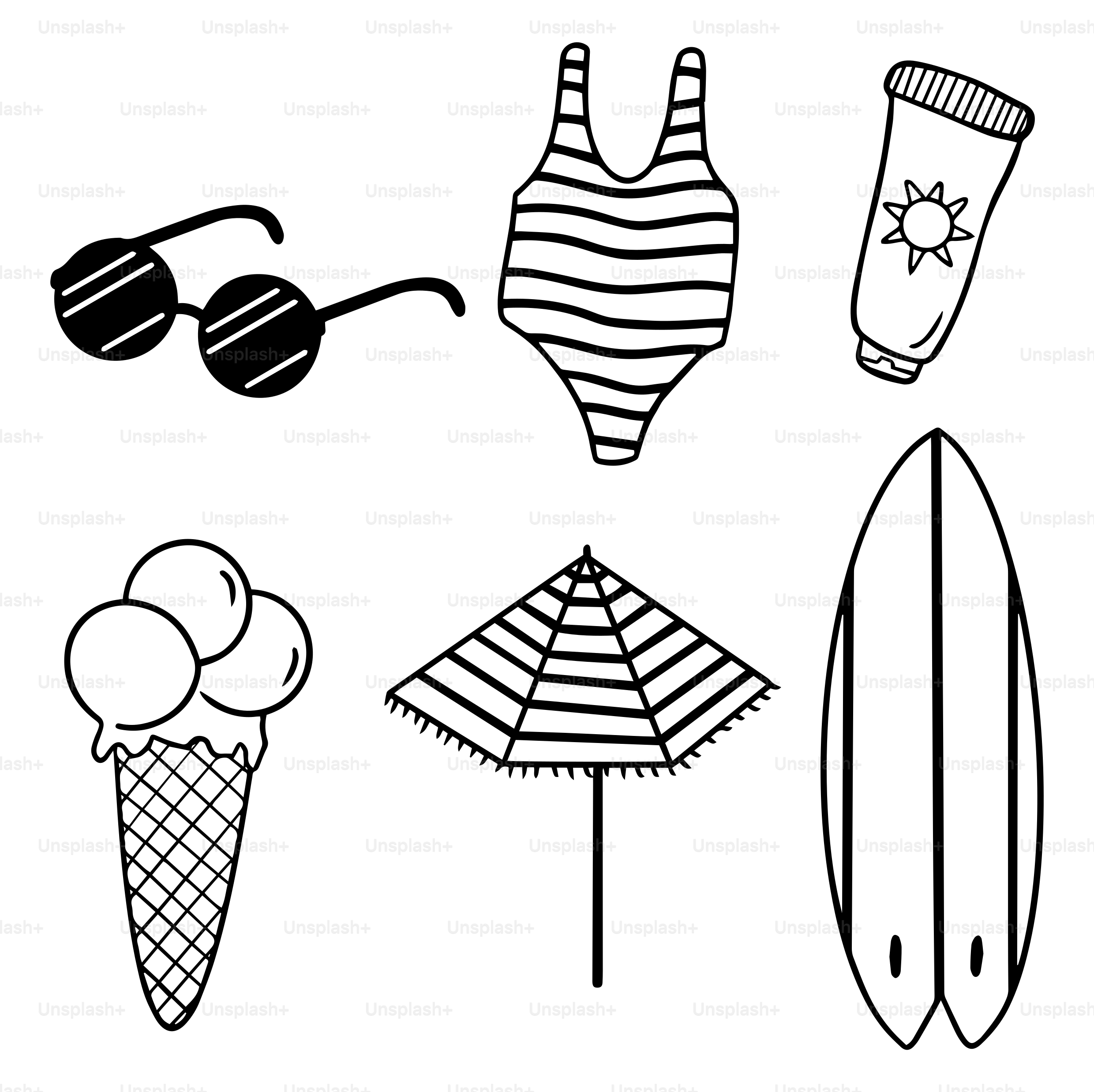 Un dessin d’une planche de surf, de lunettes de soleil et d’un maillot de bain
