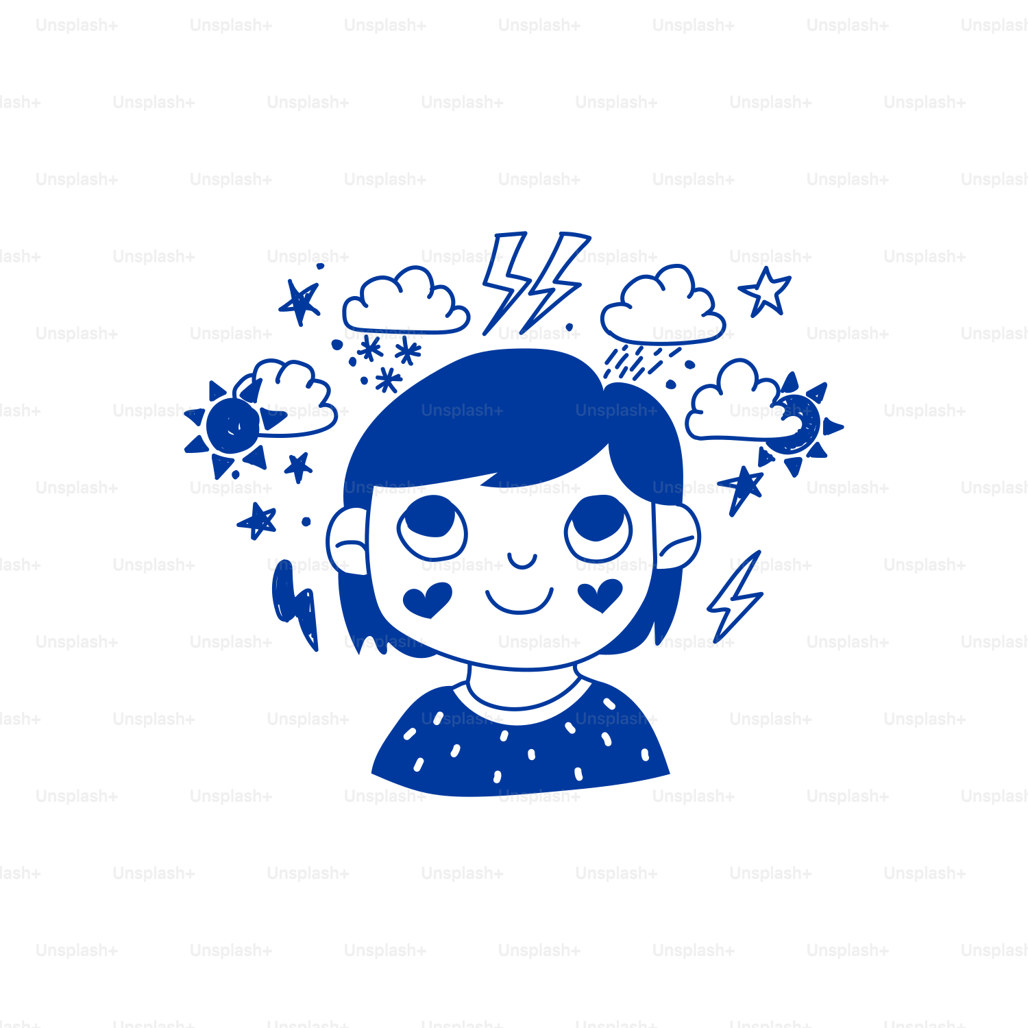 A girl with blue hair and a lightning bolt above her head