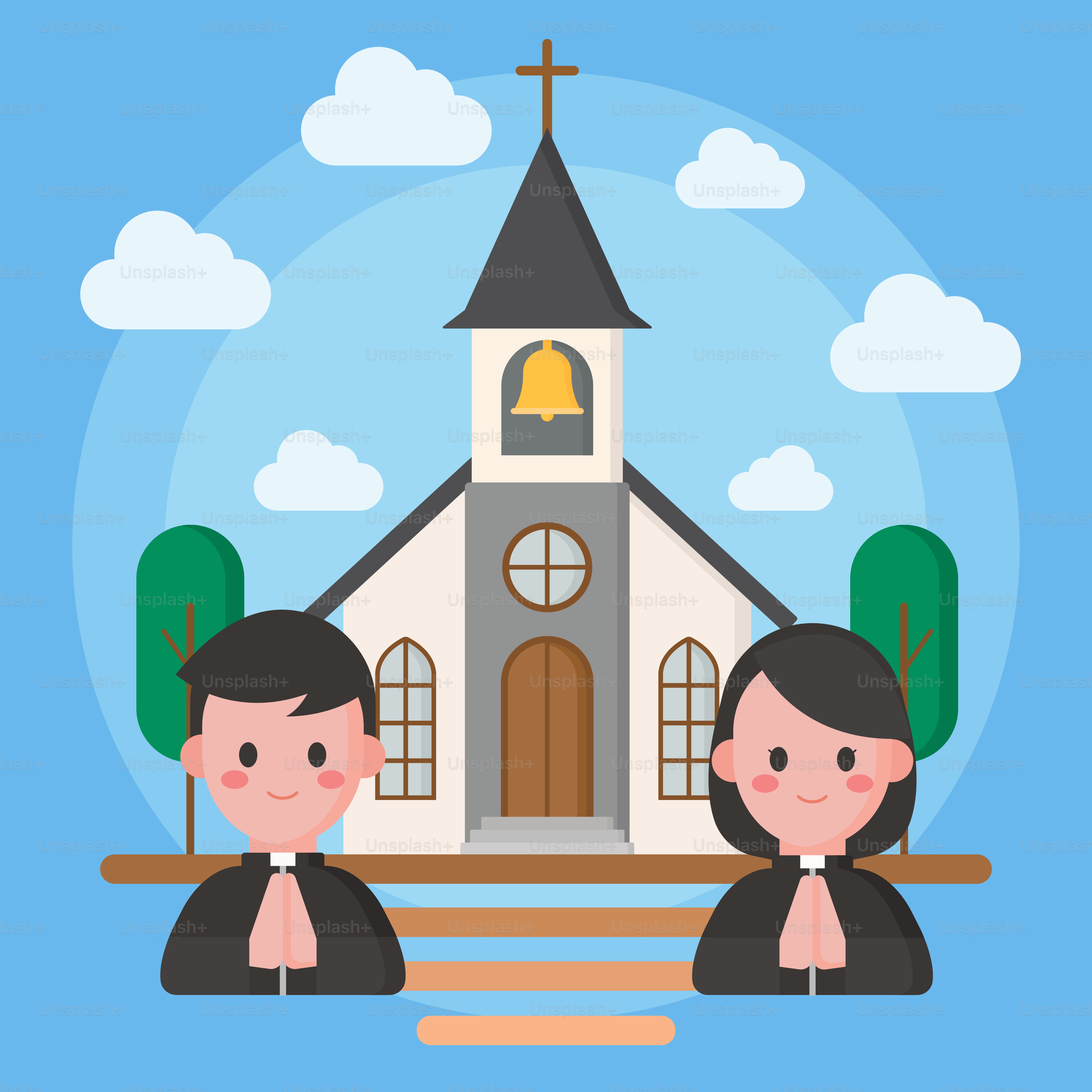 A couple of people standing in front of a church