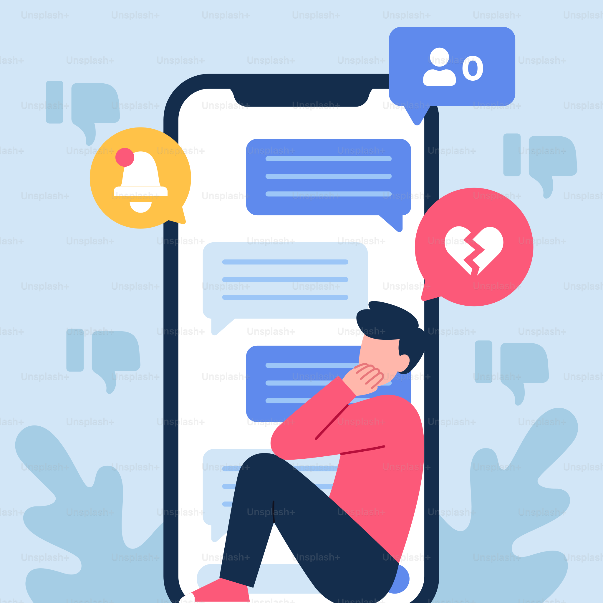 A man sitting on a phone with a conversation bubbles above his head