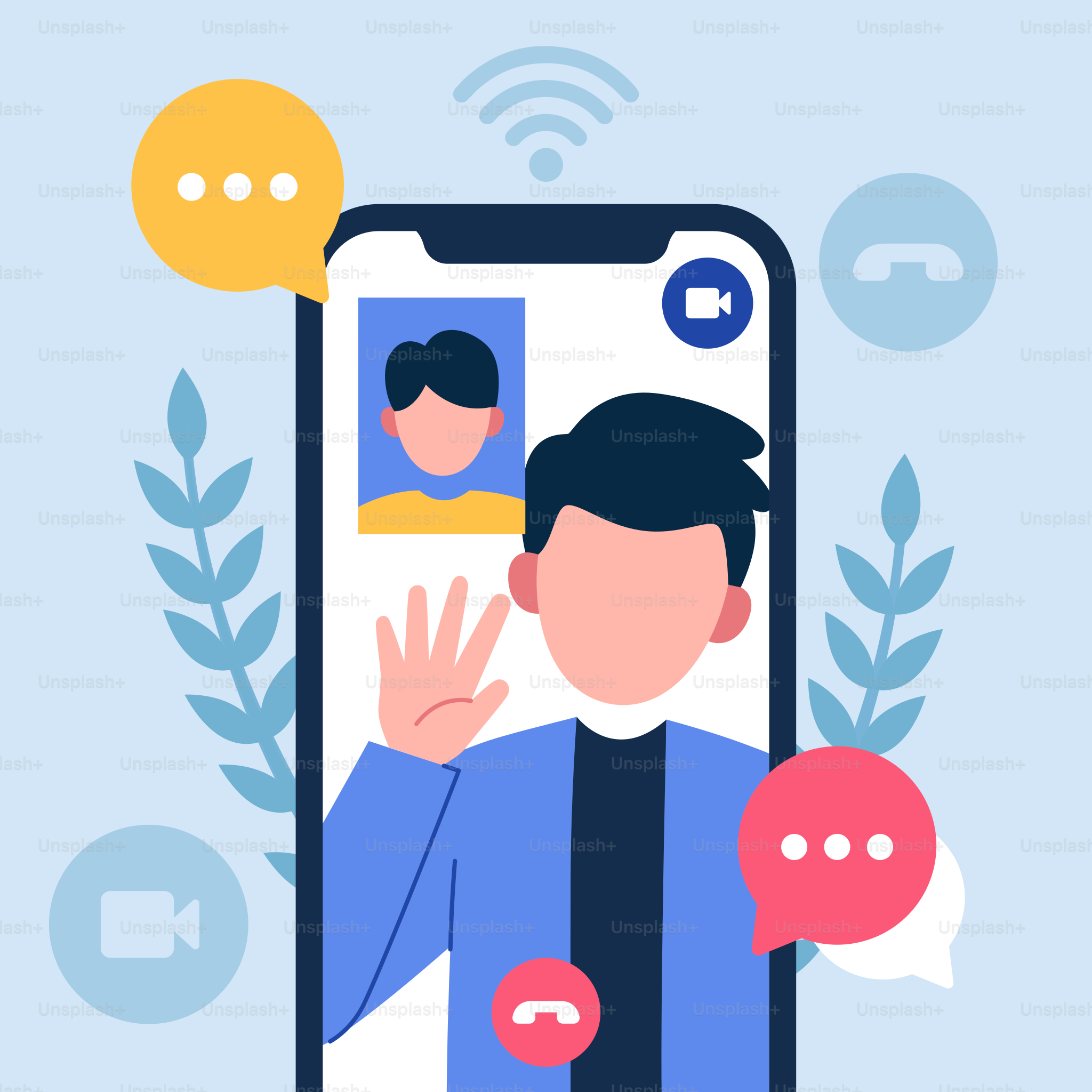 A man on a cell phone with a conversation bubbles coming out of the screen