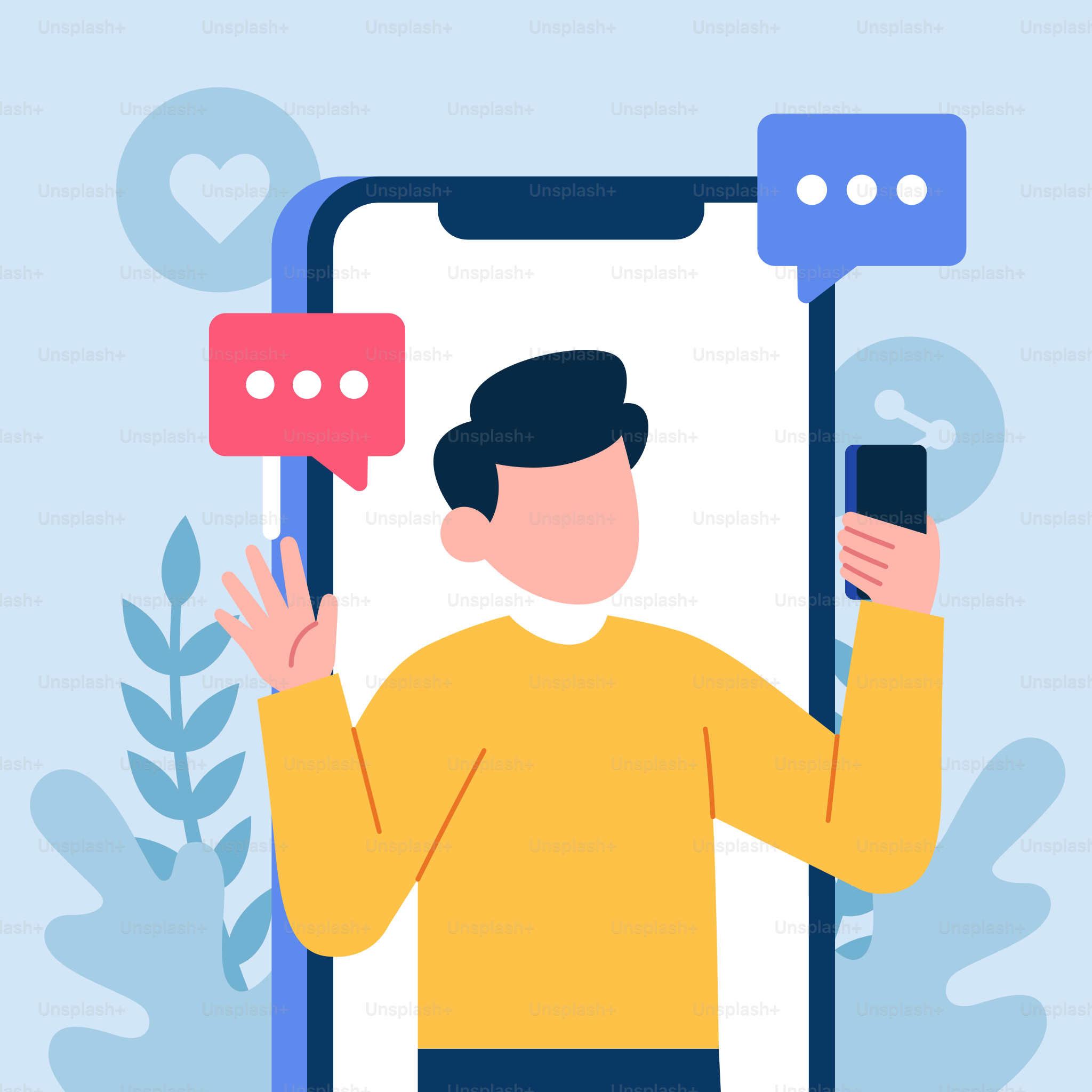 A man holding a cell phone with a speech bubble above his head