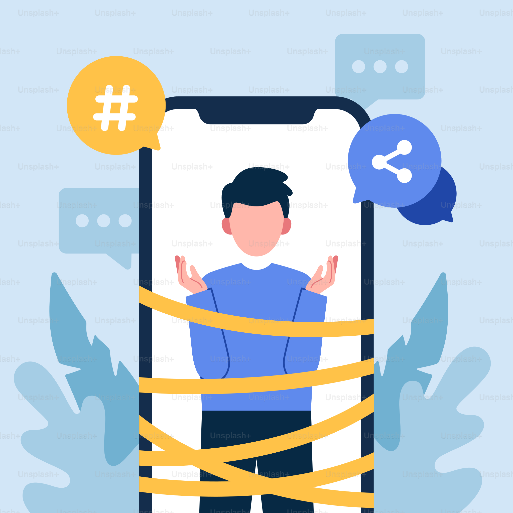 A man standing in front of a cell phone with a yellow ribbon around it