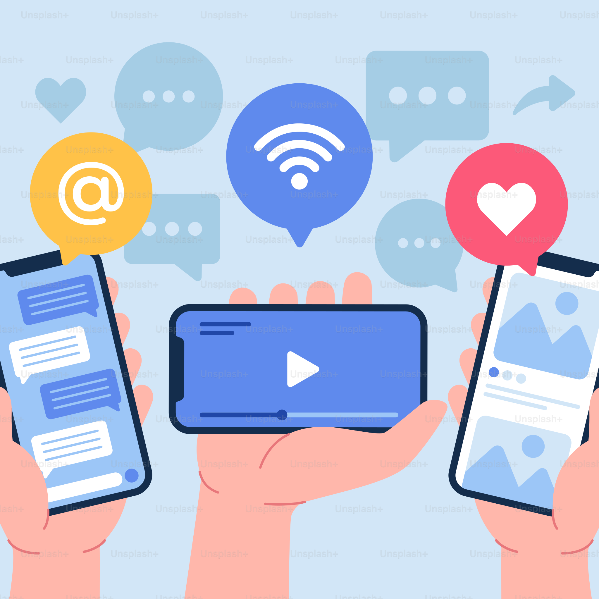 Three hands holding smart phones with social media icons above them