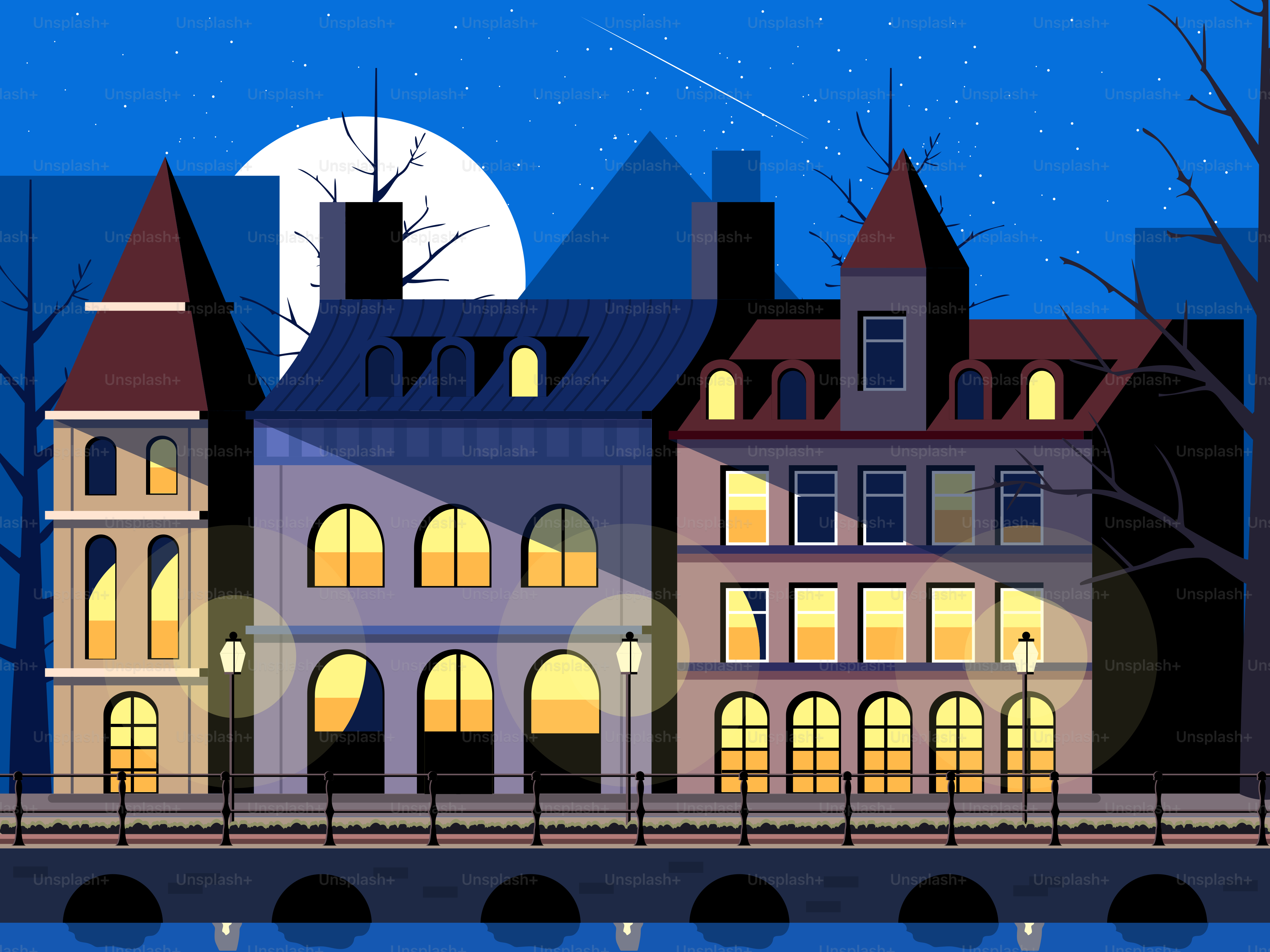 A night scene of a town by the water