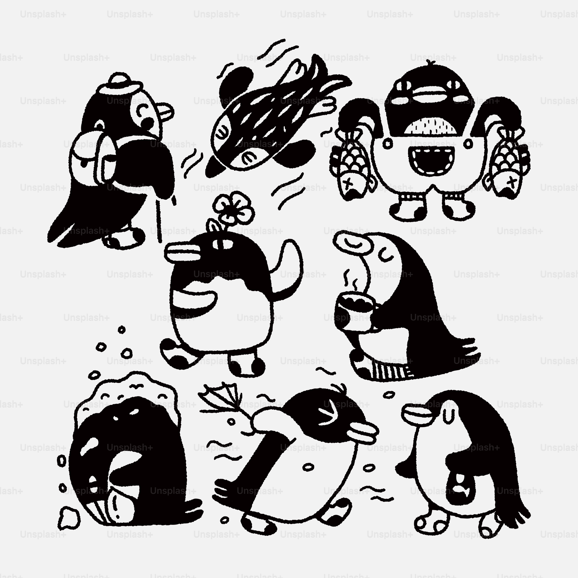 A group of cartoon penguins with hats and scarves vector – Whimsical