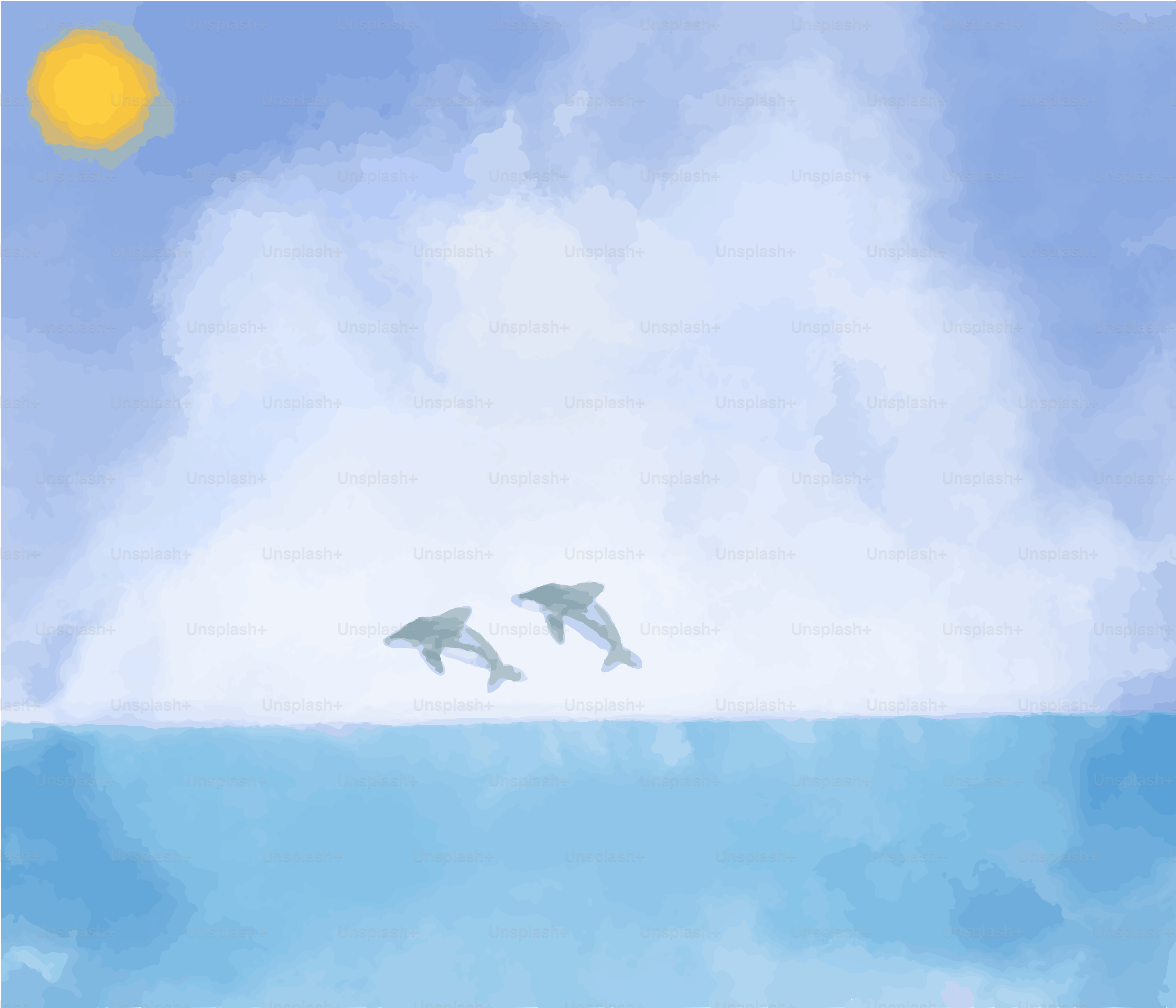 Dois golfinhos nadando no oceano sob um céu nublado