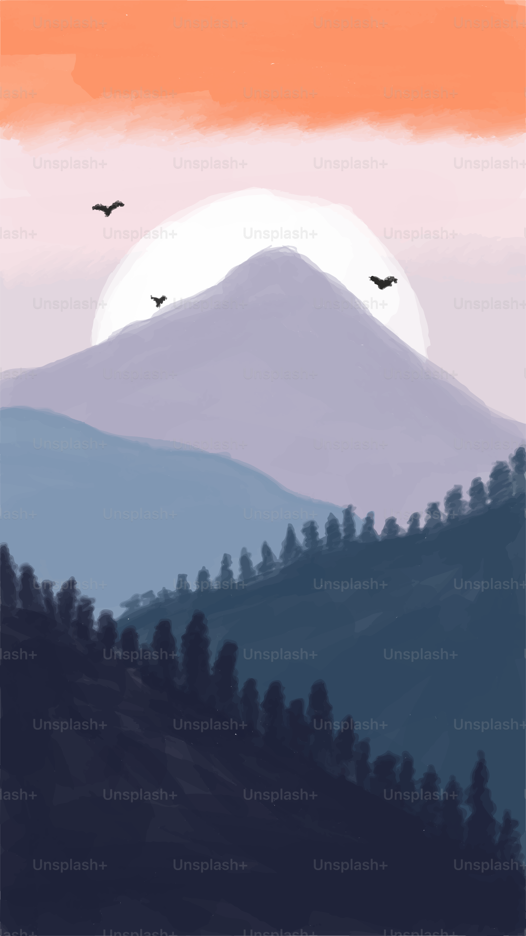 Una pintura de una montaña con pájaros volando sobre ella