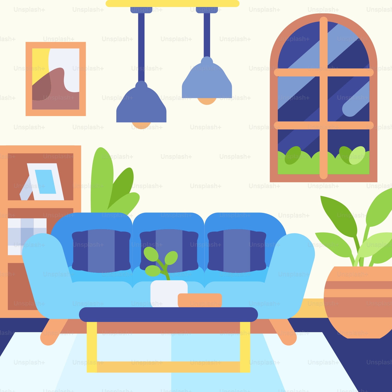 Ruang tamu dengan sofa biru dan tanaman pot