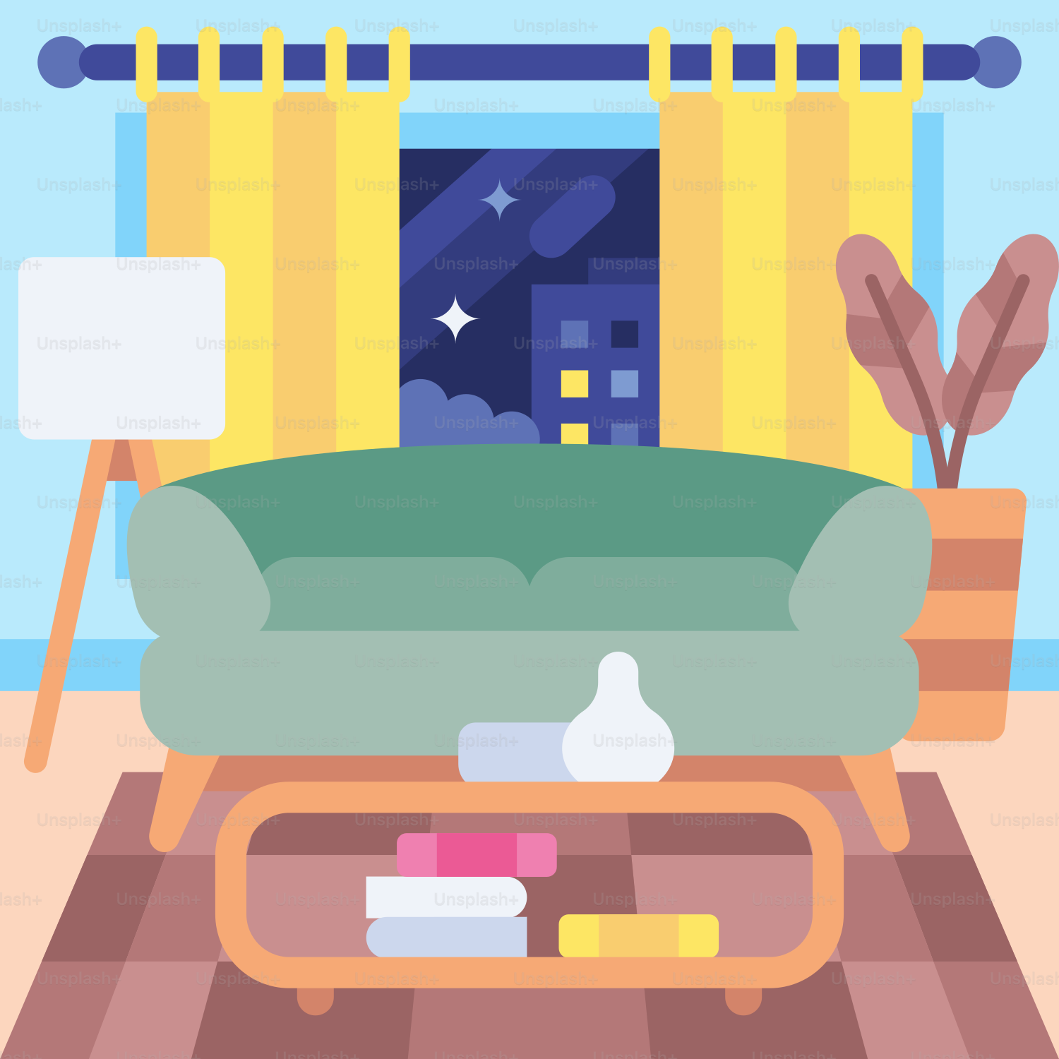 A living room with a couch and a table