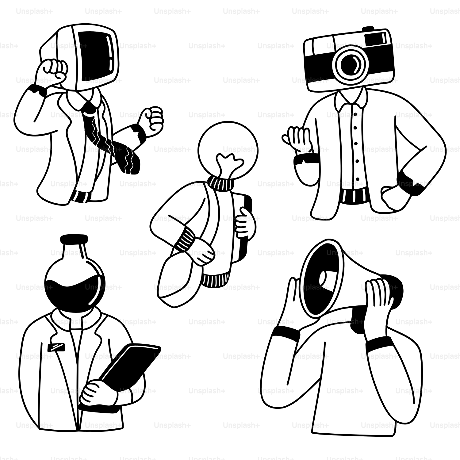 Un dessin en noir et blanc de personnes portant différents costumes  vectoriel – Image de Abstrait sur Unsplash, image size:3000x3000