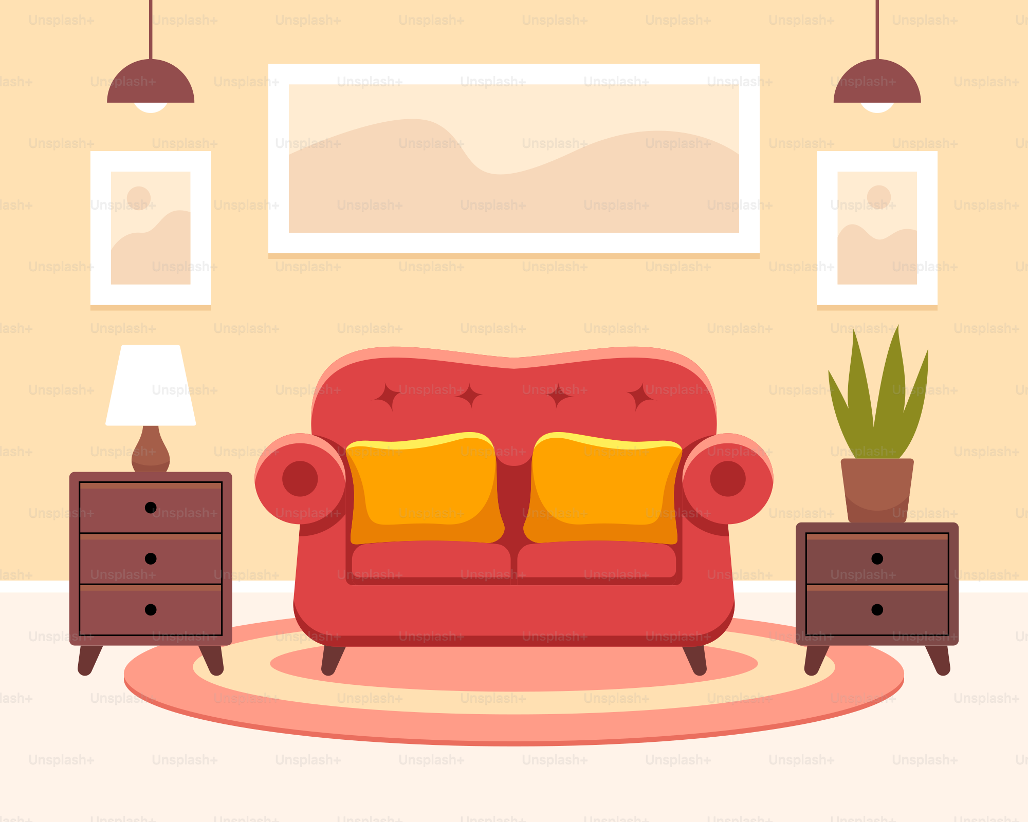 Ein Wohnzimmer mit einem roten Sofa und zwei Lampen