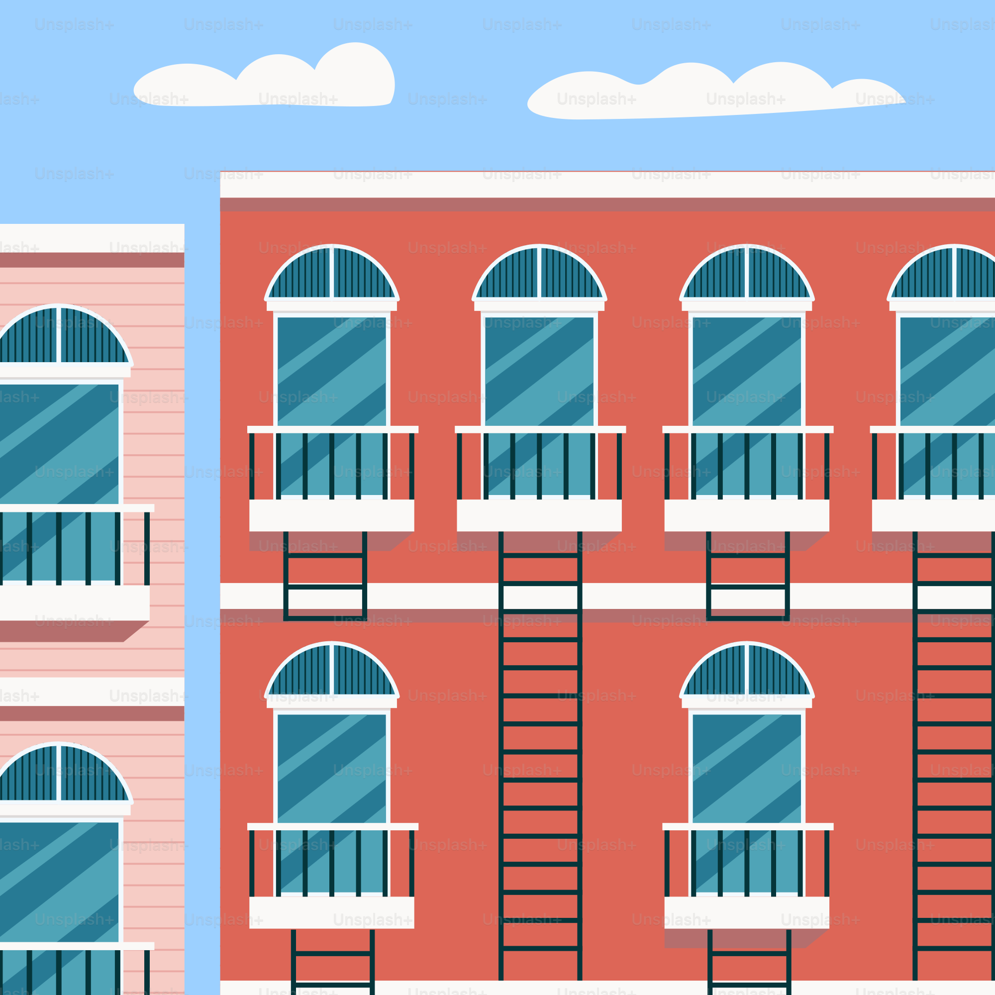 A tall red building with windows and a sky background