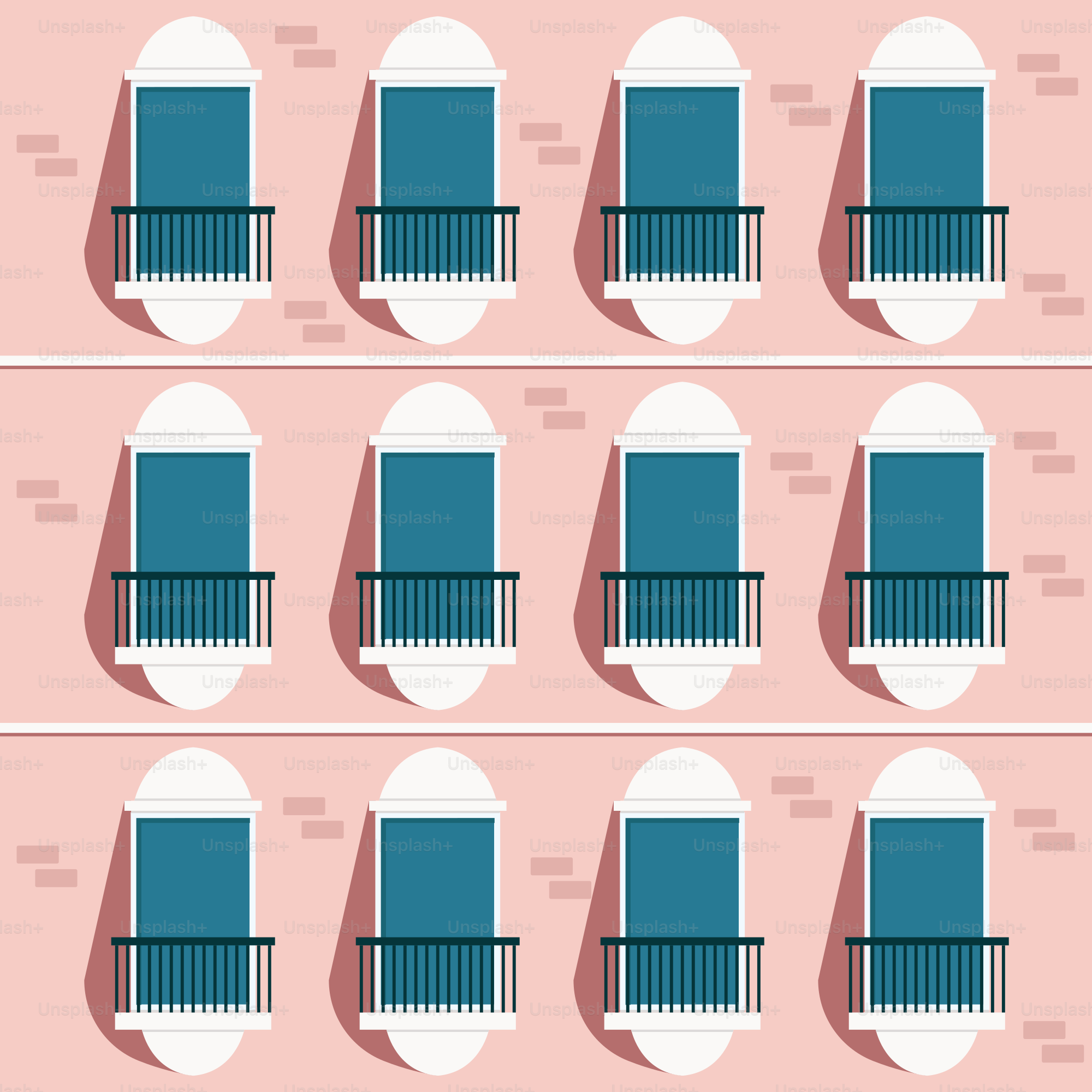 A series of windows with balconies on a pink wall