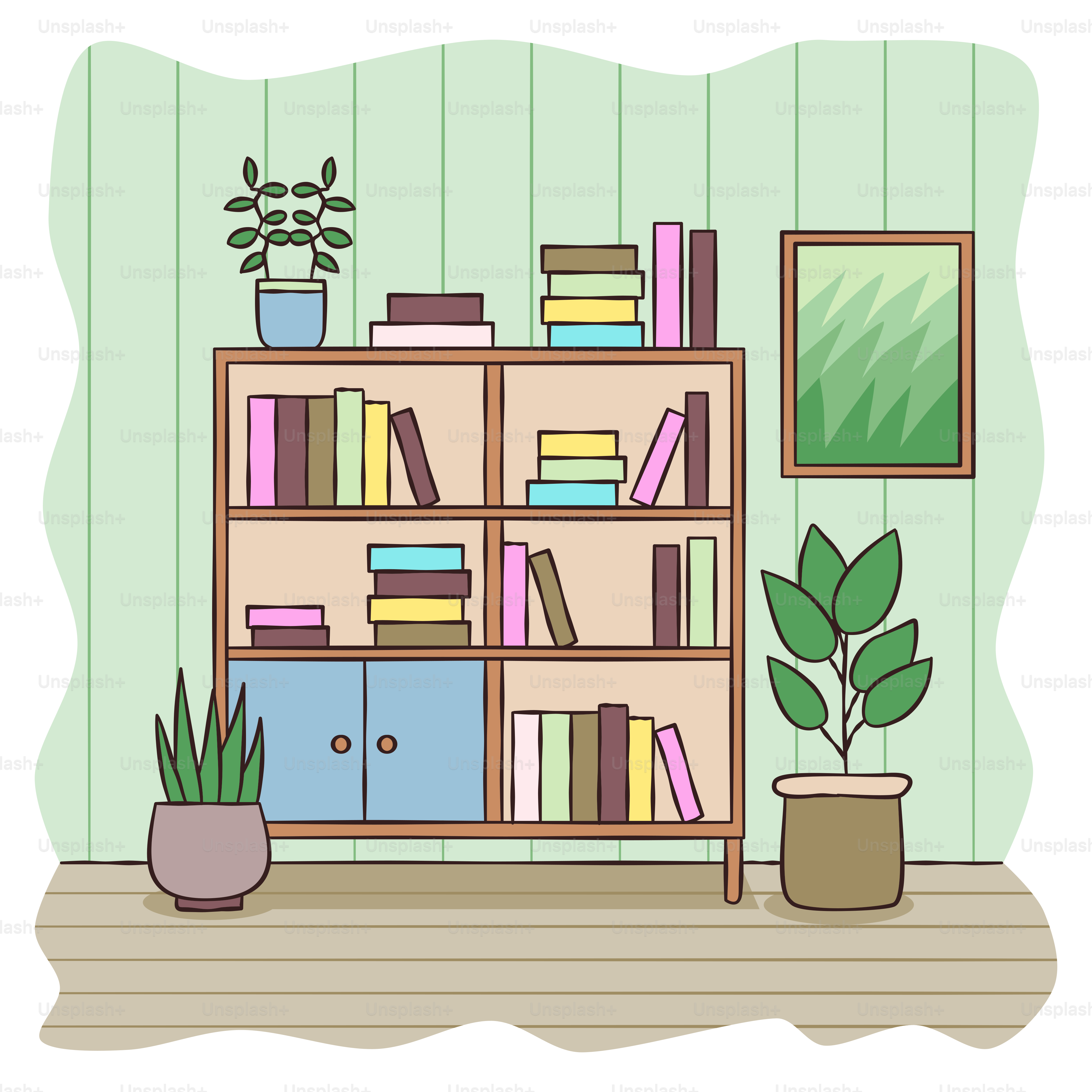 本棚と鉢植えのある部屋