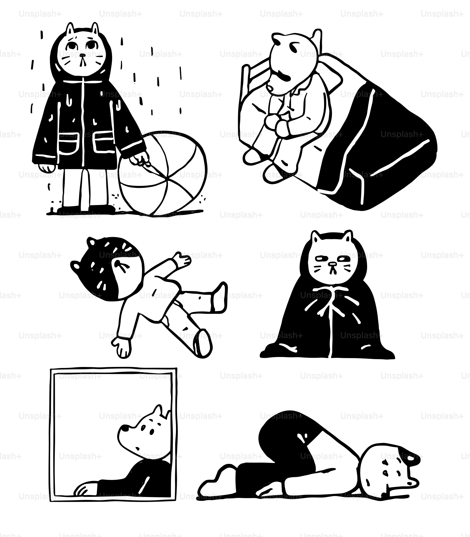 A black and white drawing of people and animals