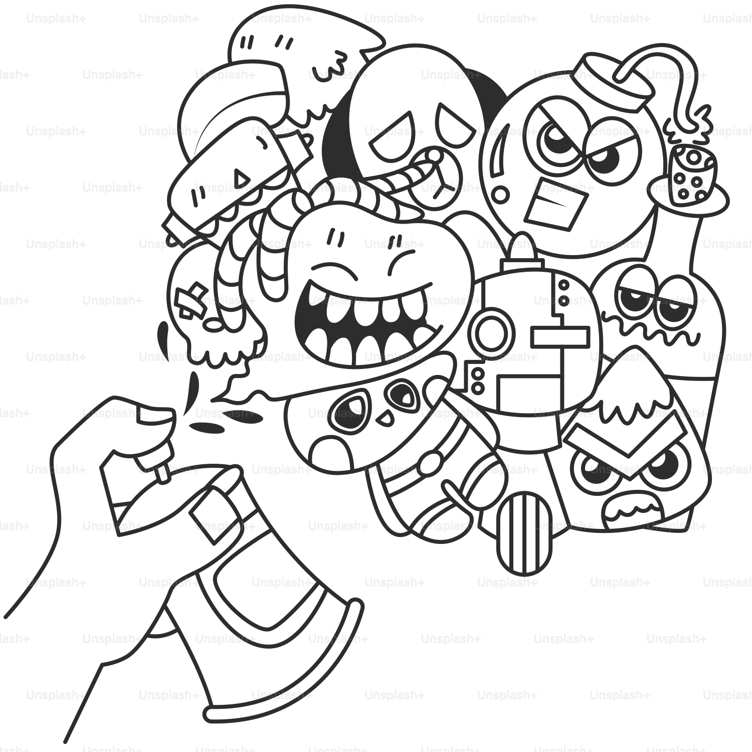 A drawing of a bunch of cartoon characters