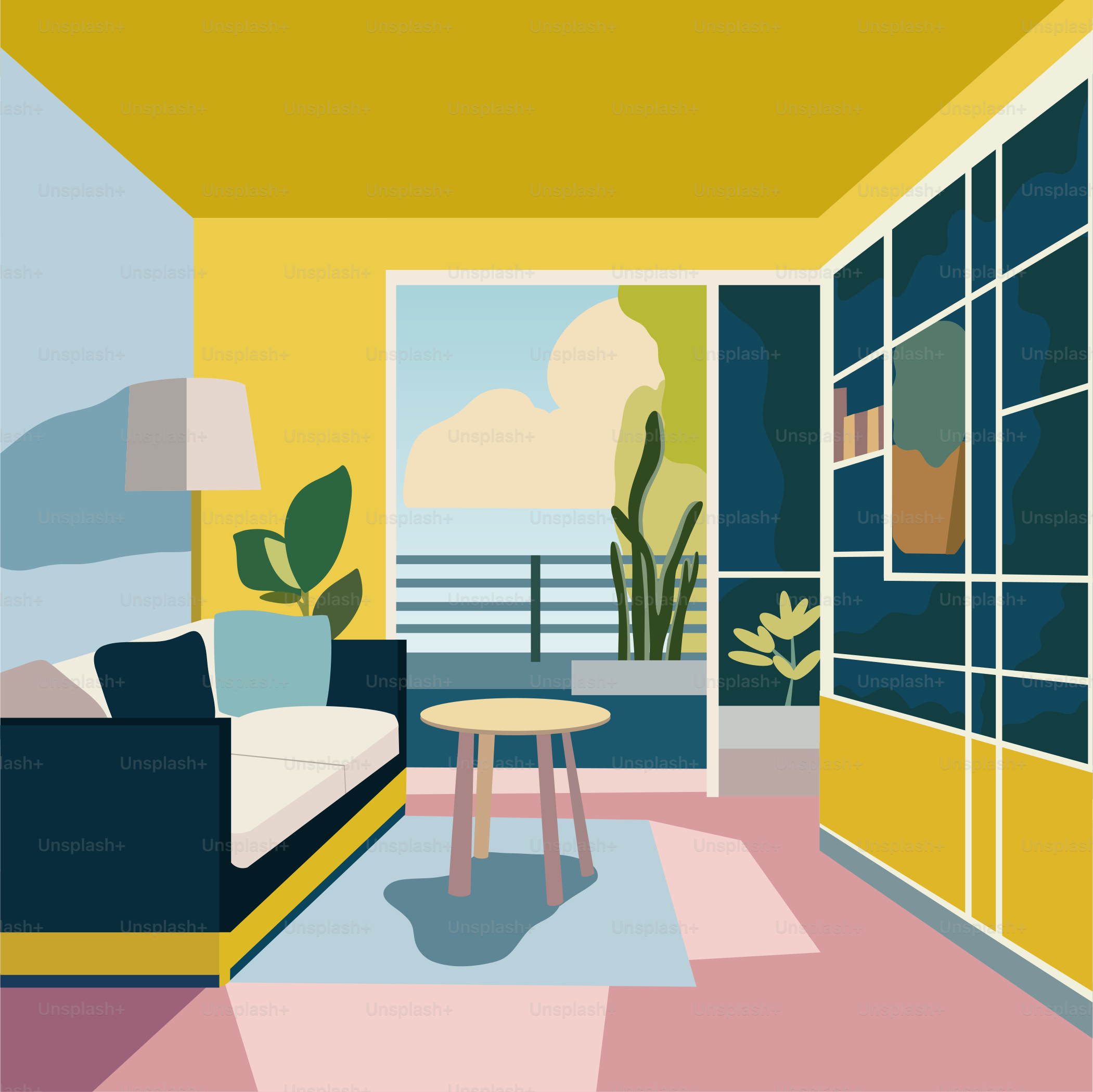 A living room with a couch and a table