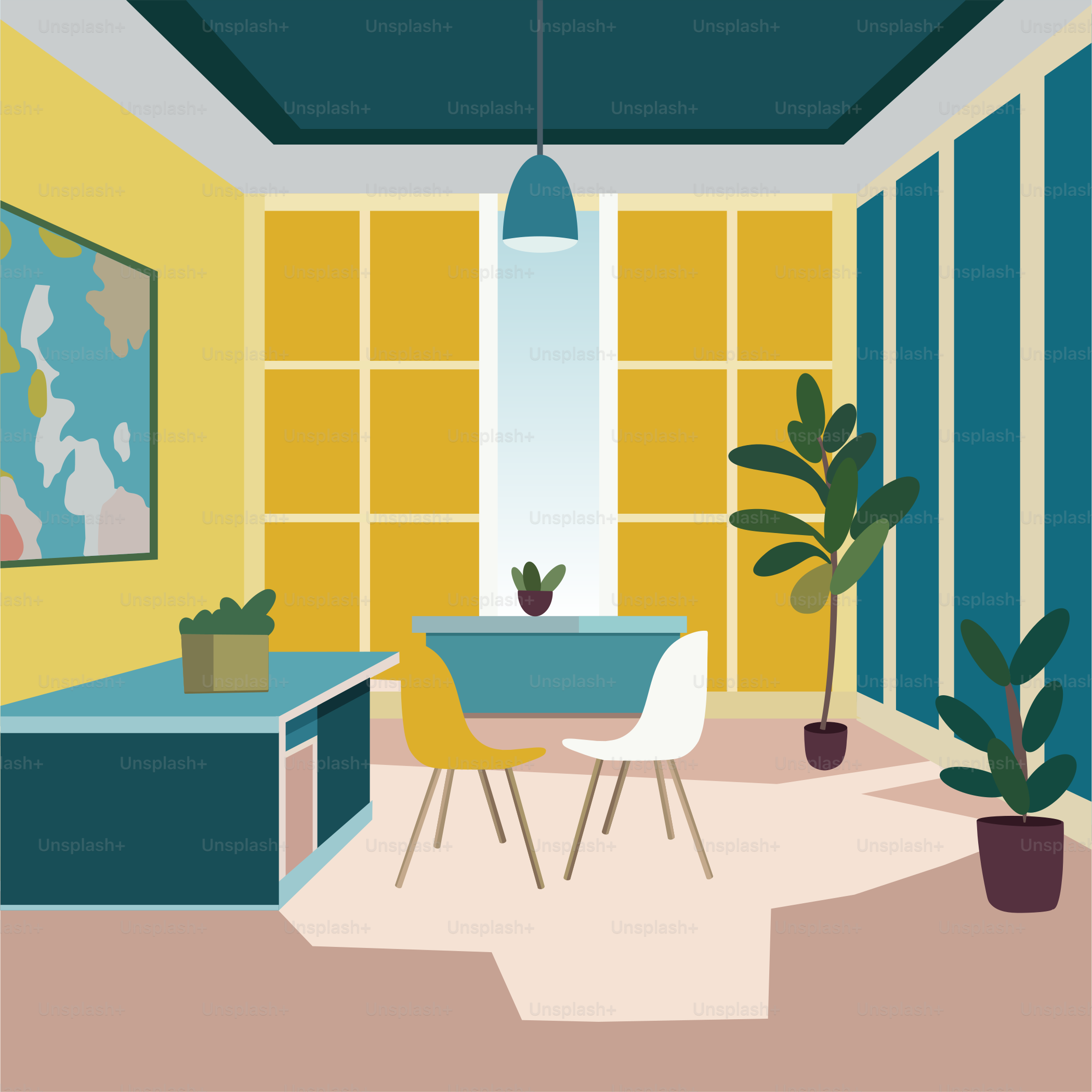 Una habitación con una mesa, sillas y una planta en maceta