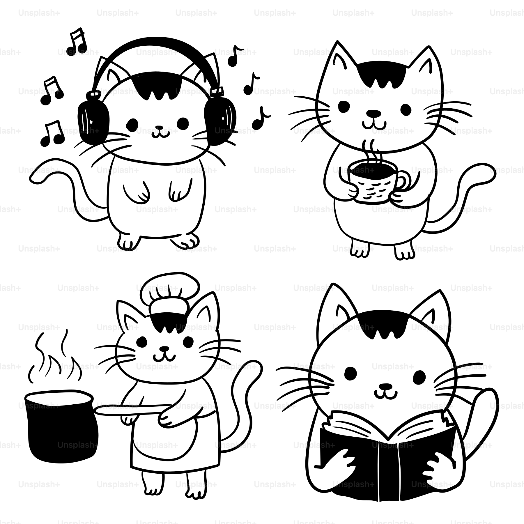 A black and white drawing of cats with headphones