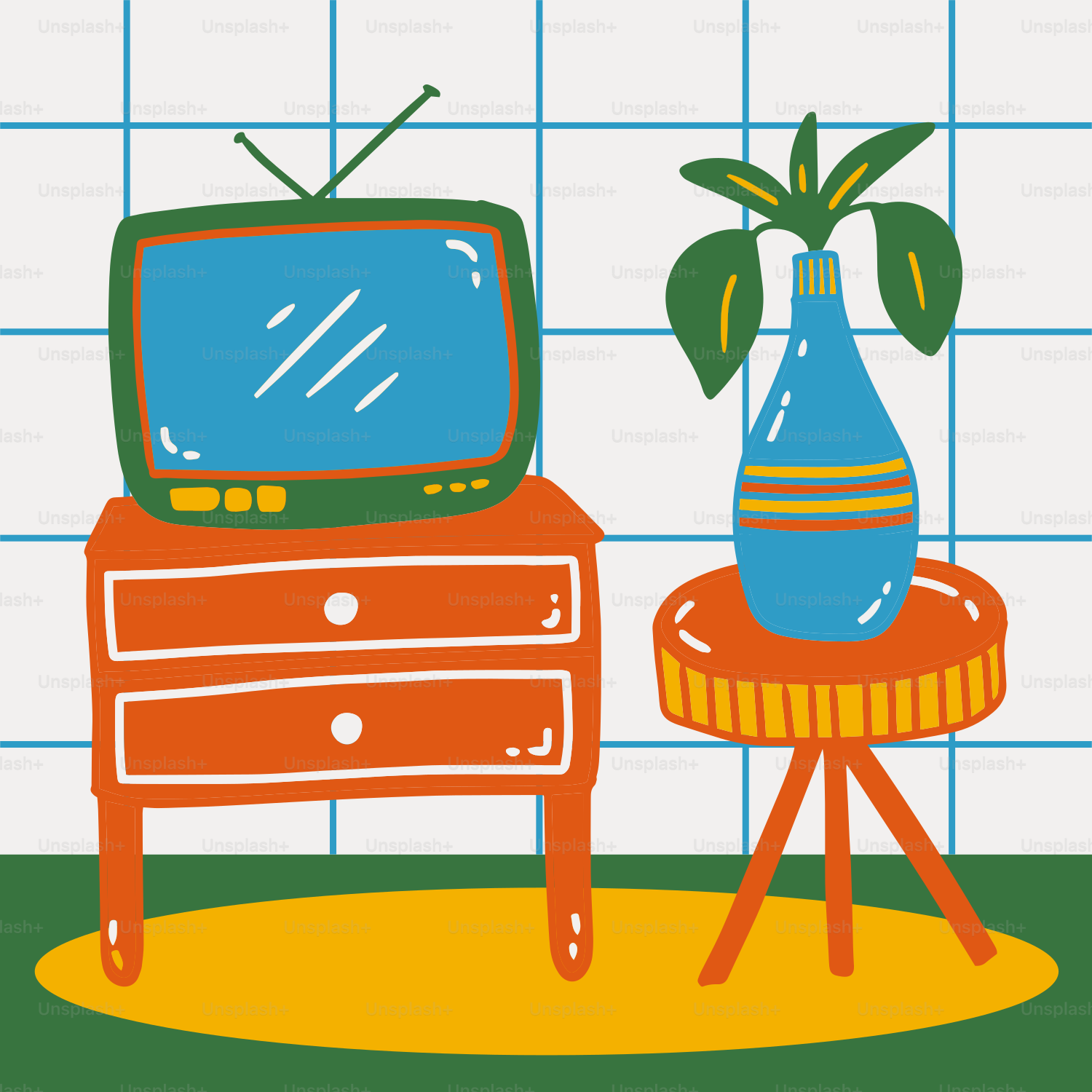 A small table with a vase and a television on it