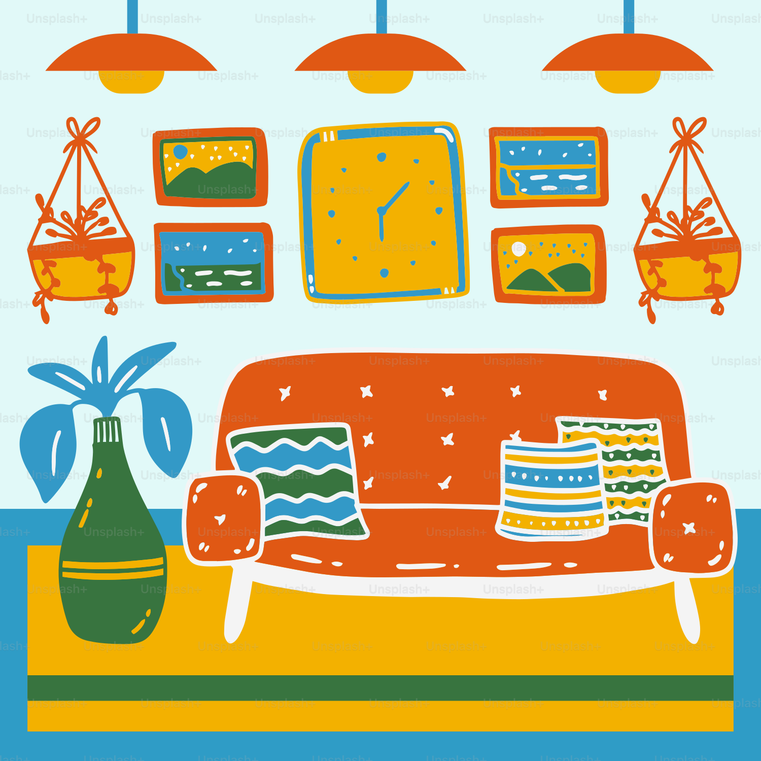 A living room with a couch and a clock on the wall