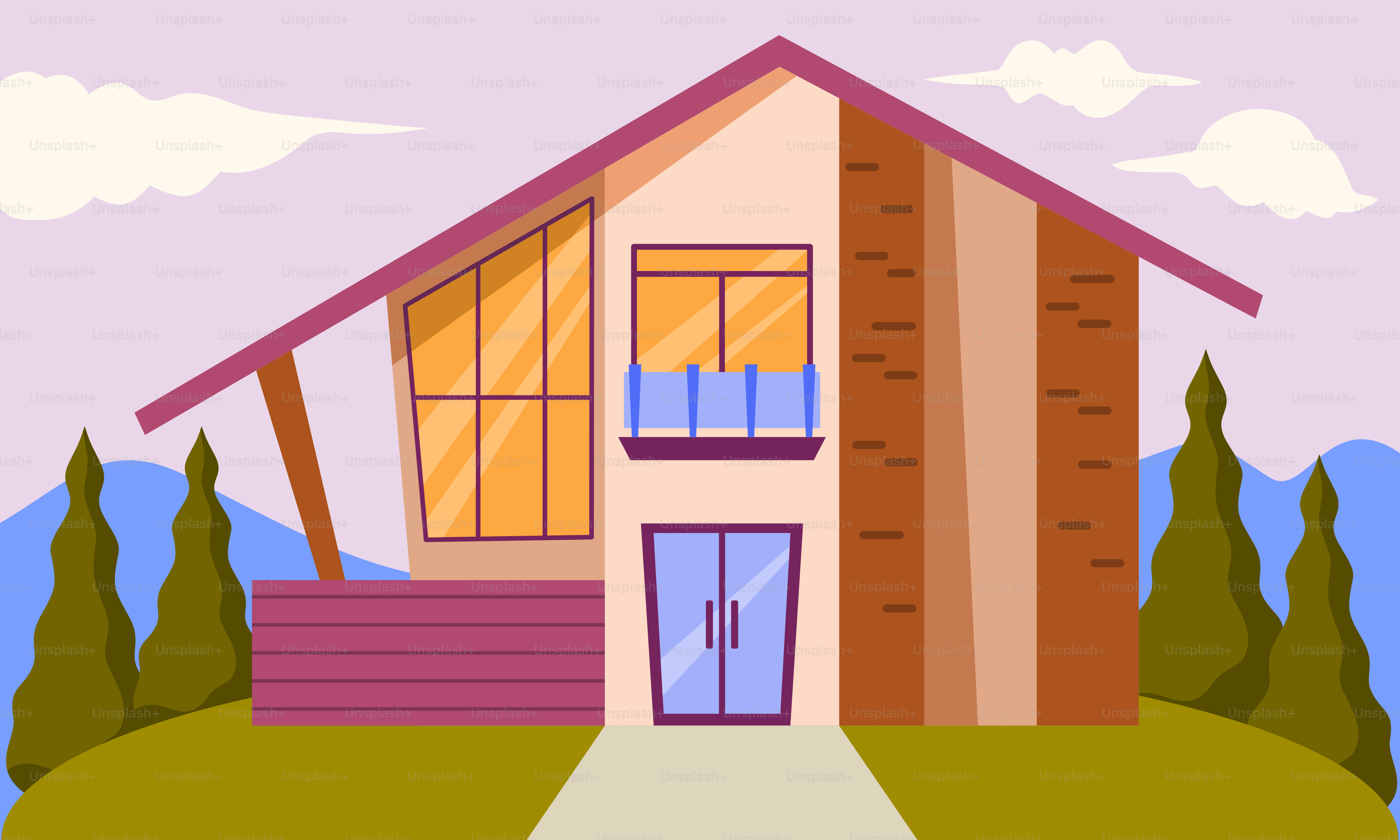 A drawing of a house on a hill