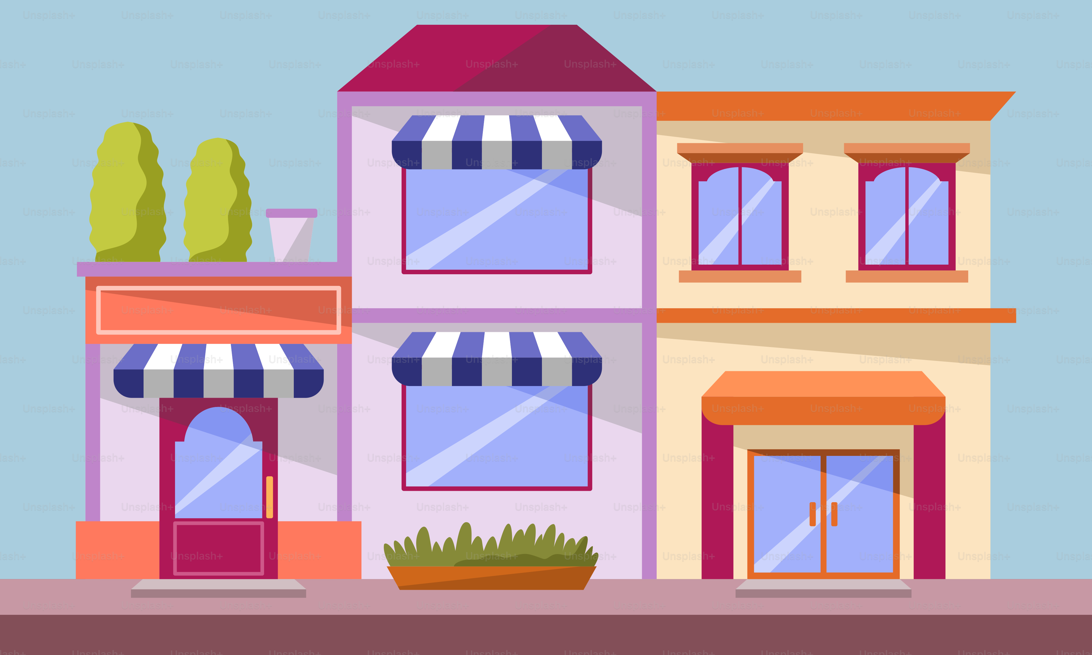 A building with awnings and a potted plant in front of it