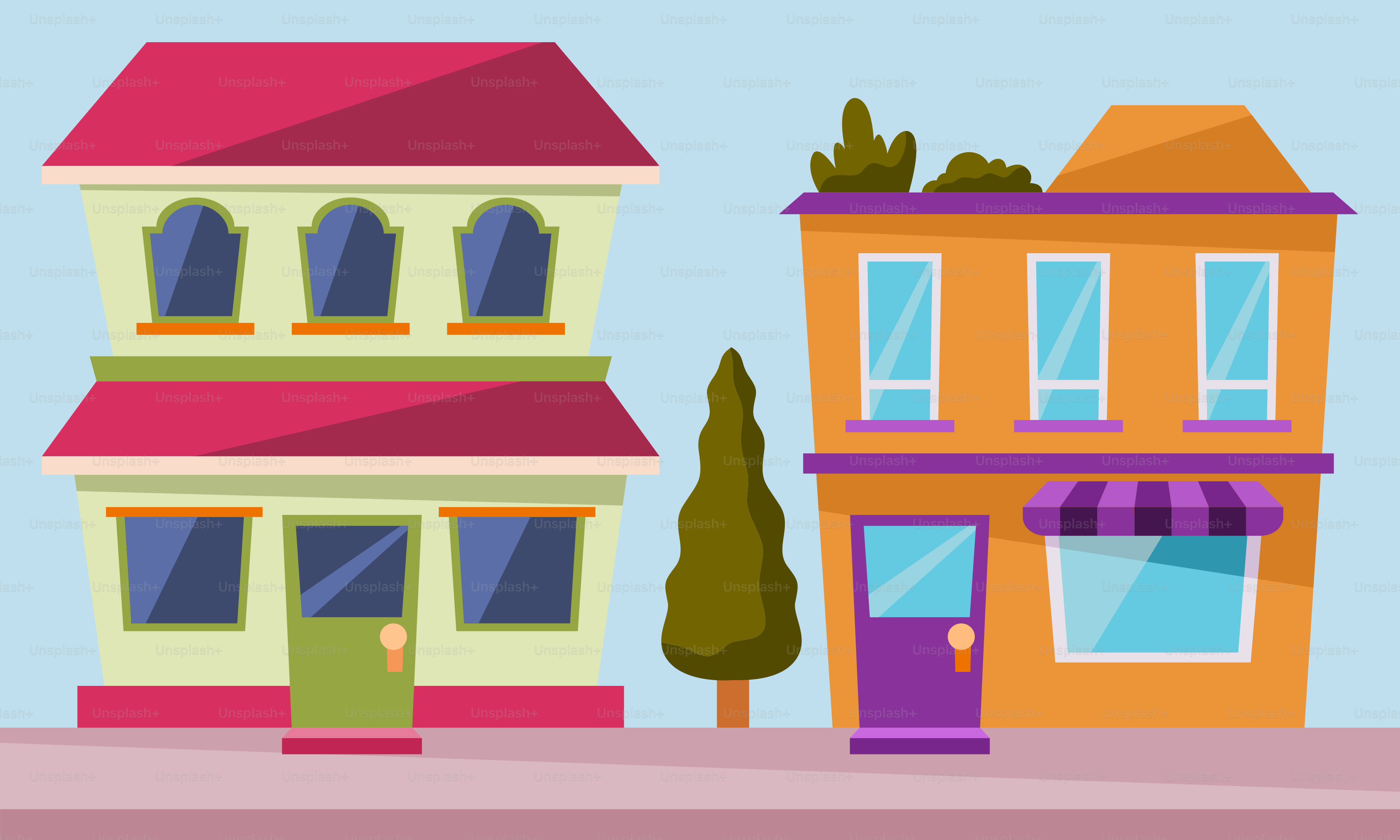 A small town with a car parked in front of it
