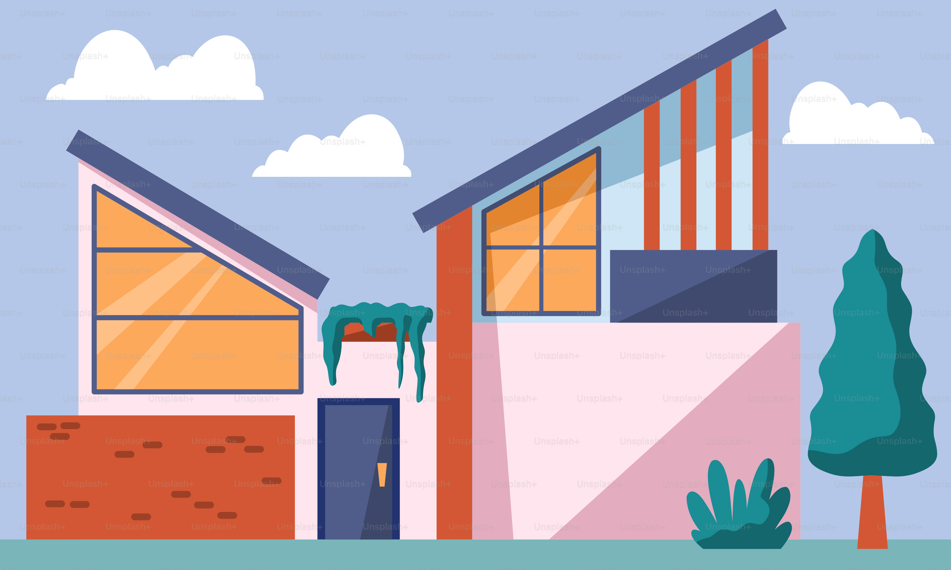 A house with a blue sky and clouds in the background