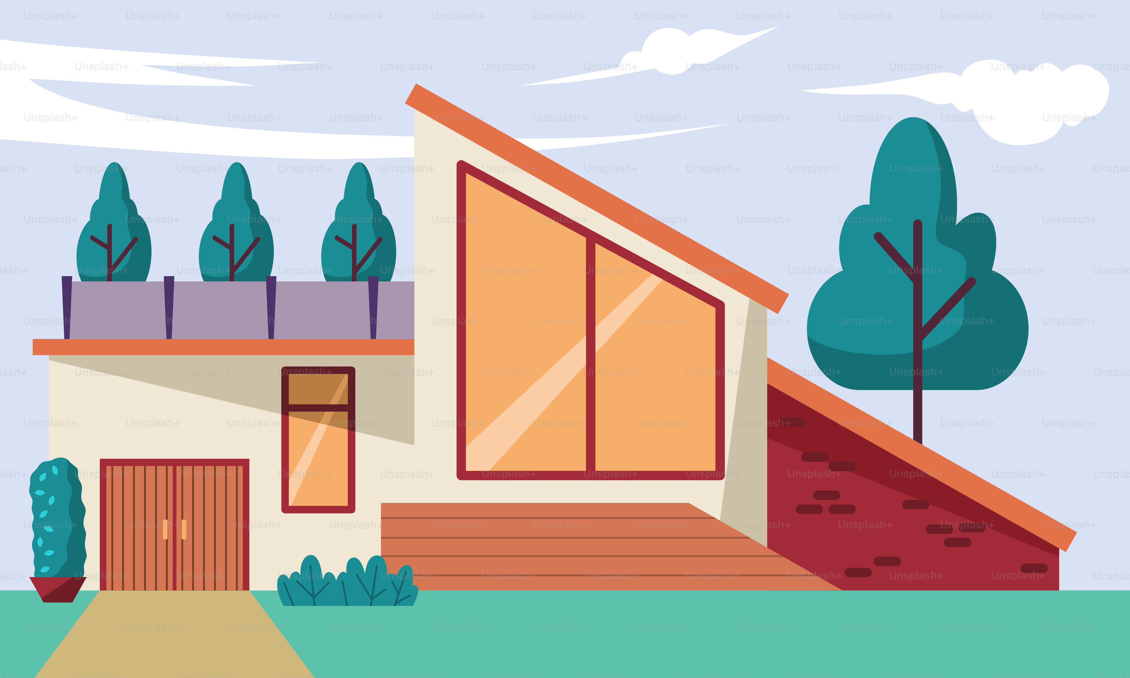 Un dessin d’une maison avec des arbres et des buissons autour d’elle