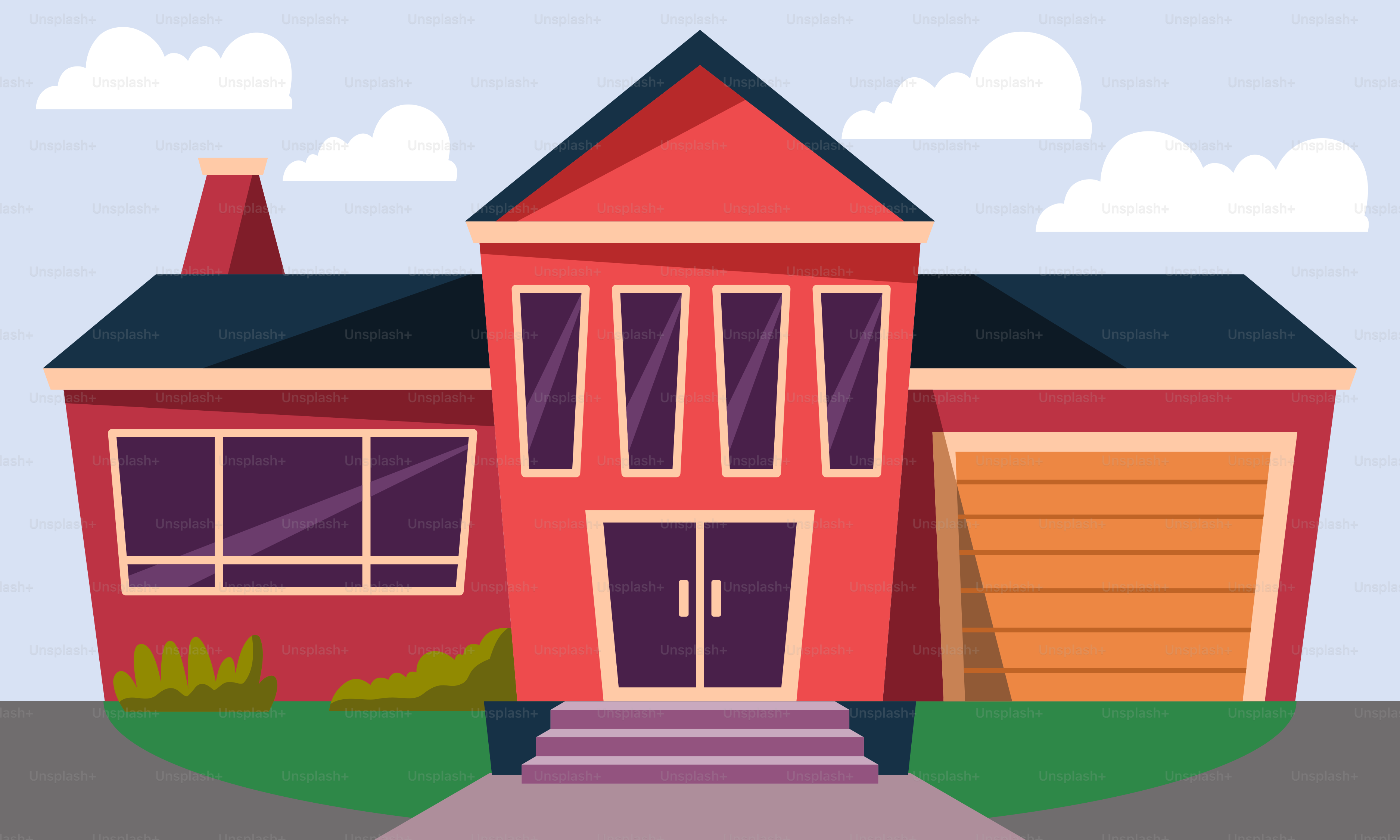 A red house with a red car parked in front of it