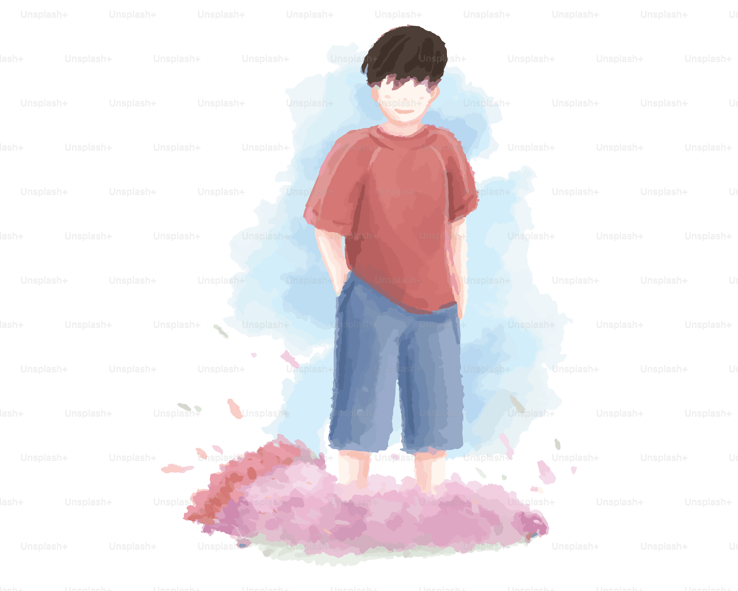 Un disegno di un ragazzo in piedi su una pila di polvere rosa