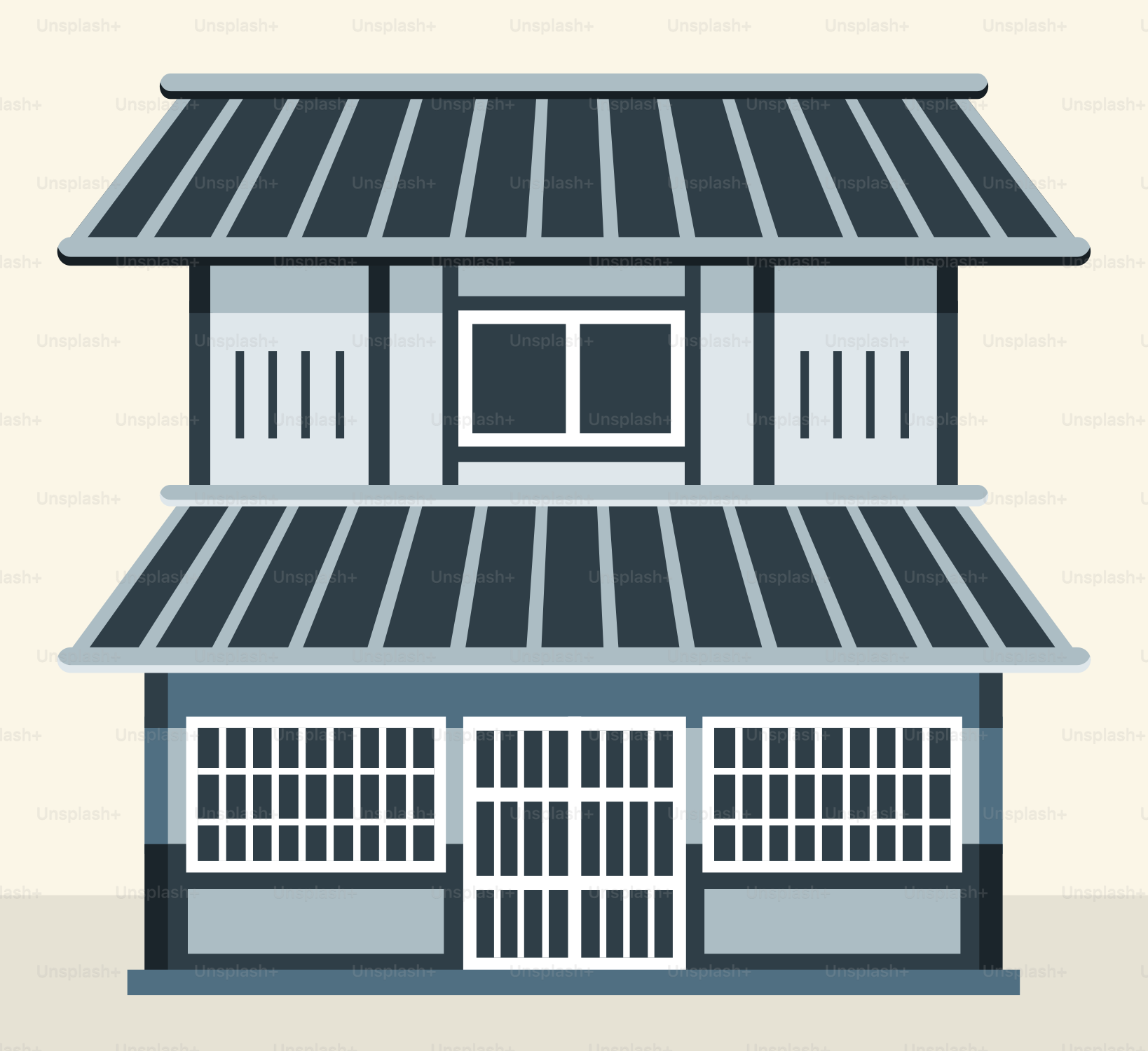 A tall building with a black roof on a white background